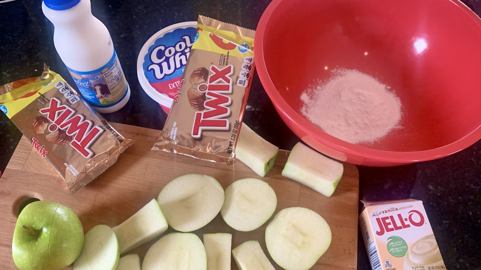 Photo of ingredients next to a mixing bowl. 