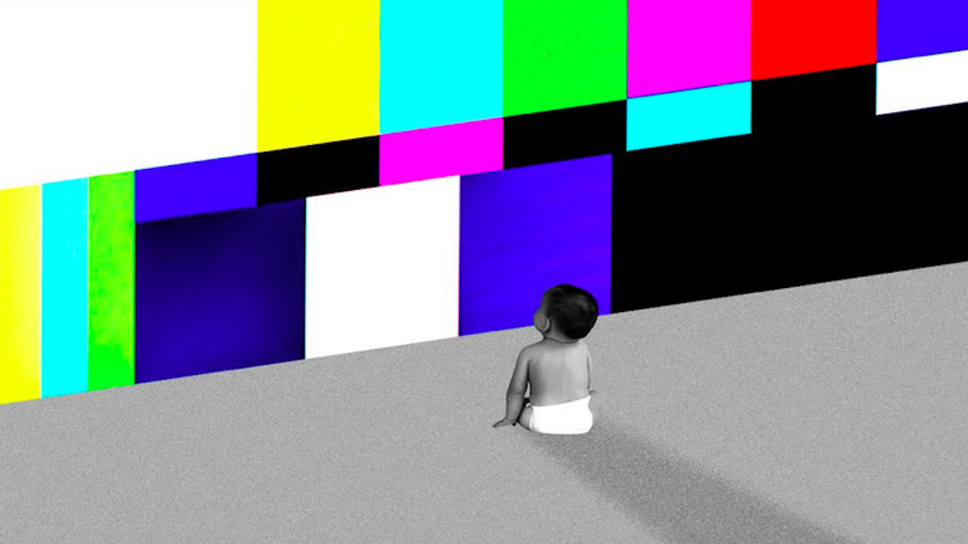 Illustration of a toddler in a diaper on the floor staring at a test-pattern wall