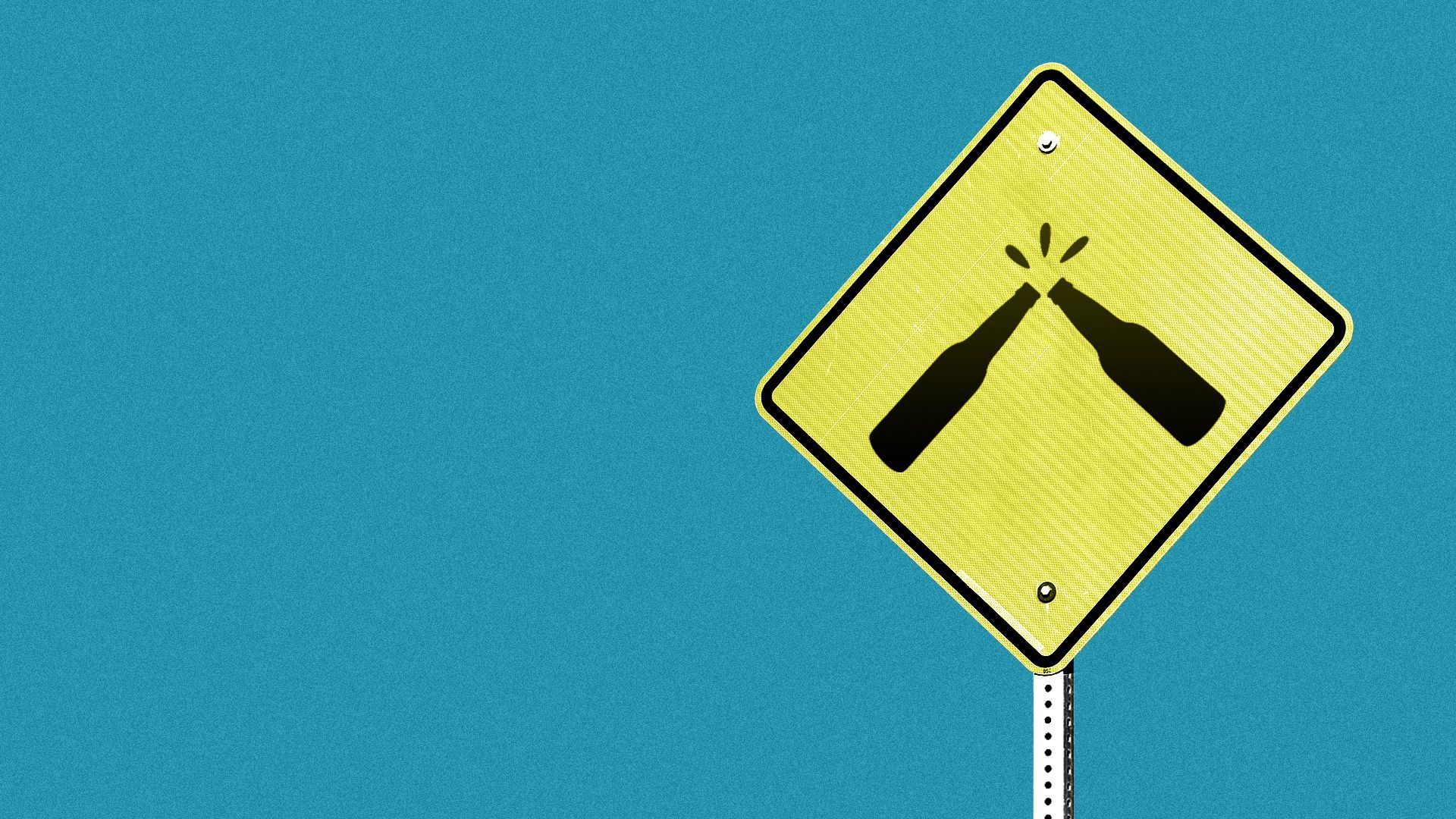 Illustration of a street sign with two beer bottles clinking.