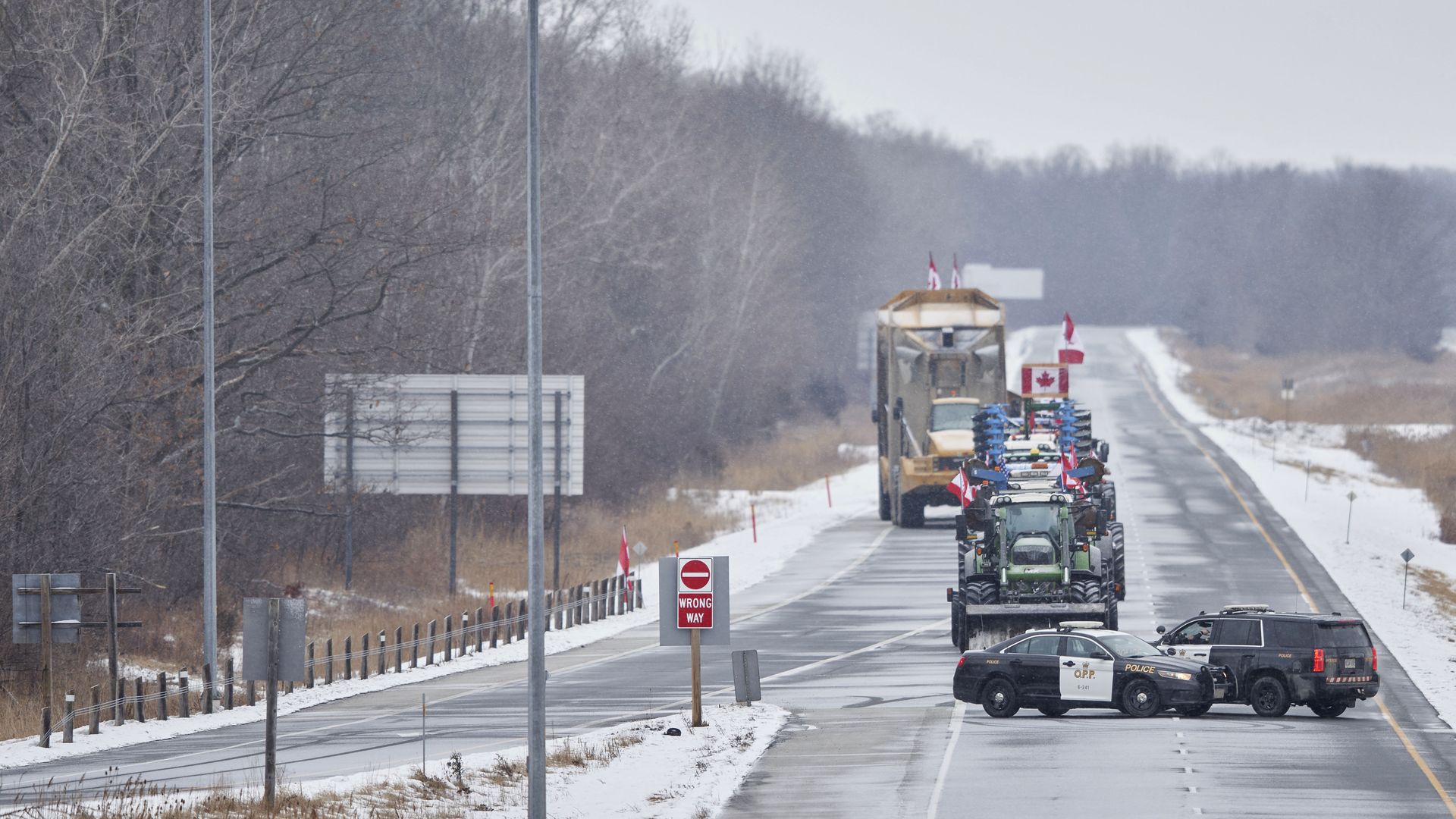 Farmers blocking a highway in protest of vaccine mandates near Sarnia, Ontario, on Feb. 10.