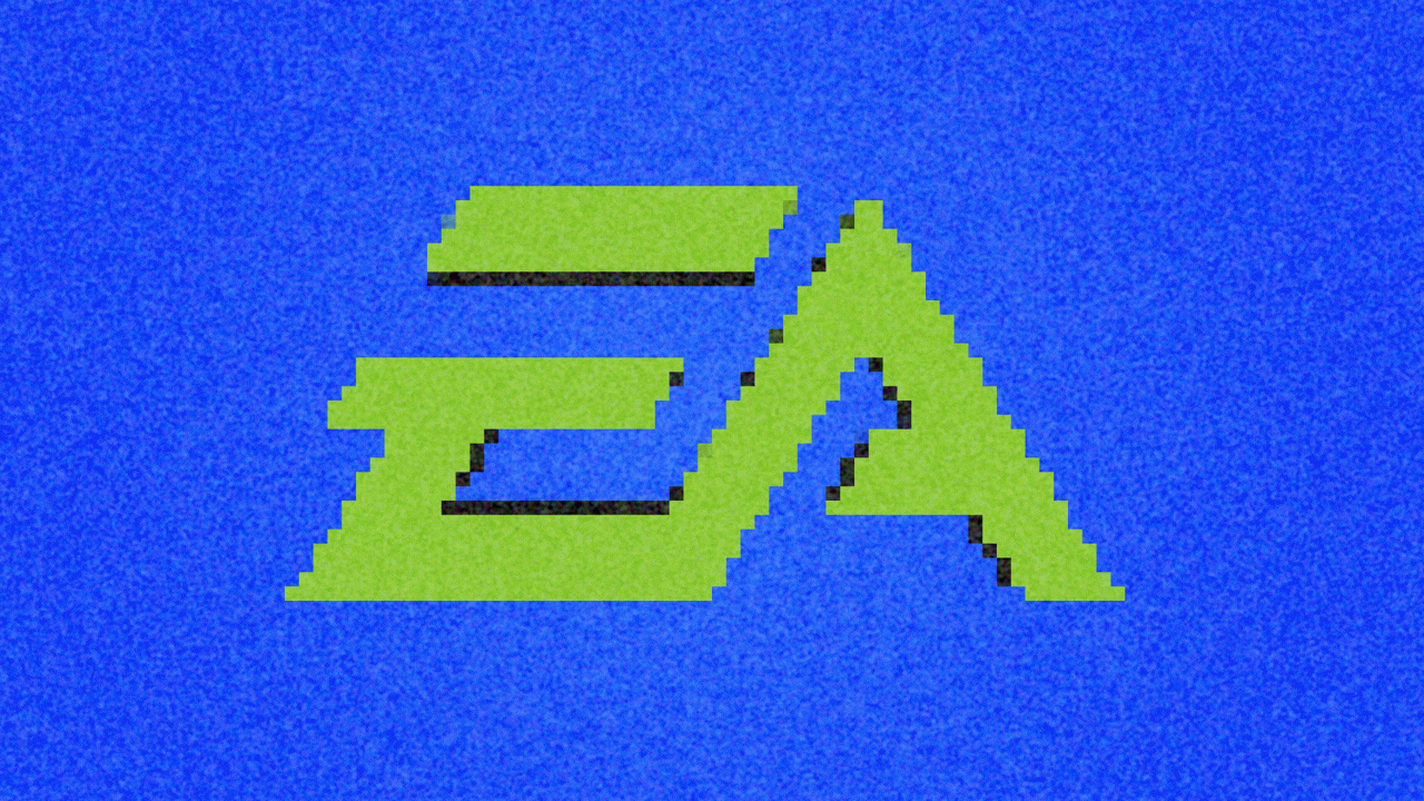 Animated illustration of a pixelated version of the Electronic Arts logo rotating to reveal three pixelated dollar signs.