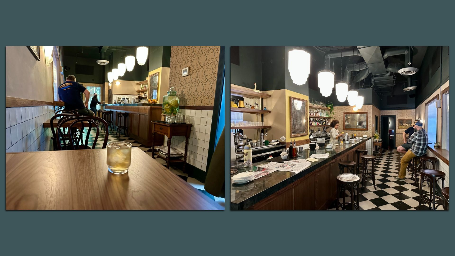 Two photos of a retro cafe: left shows a bar with wooden stools and tiled walls; right shows a long marble bar, shelves, and customers under bright pendant lights, checkered floor.