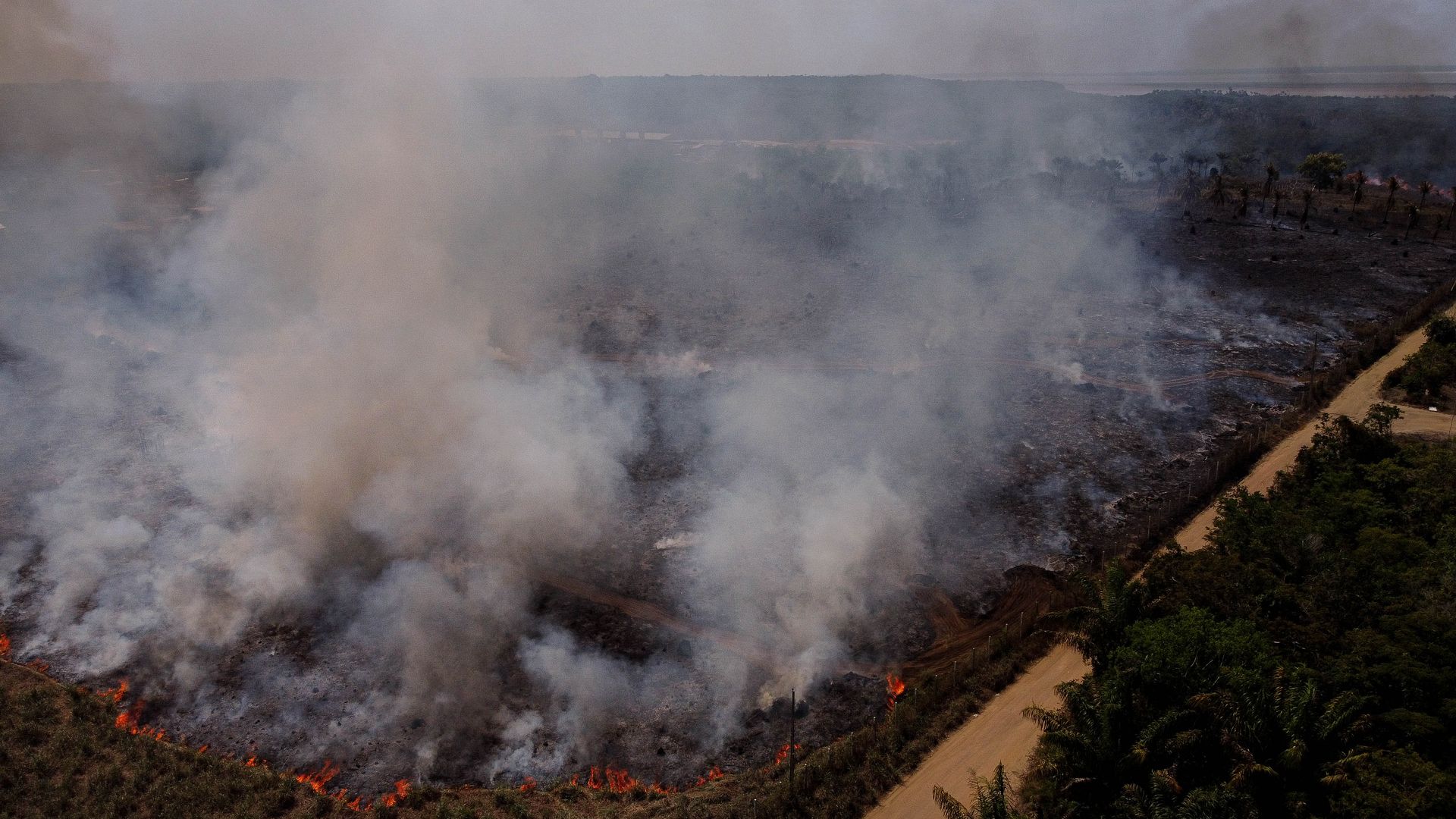 Aerial photo of a fire burning in the Amazon forest in 2023.