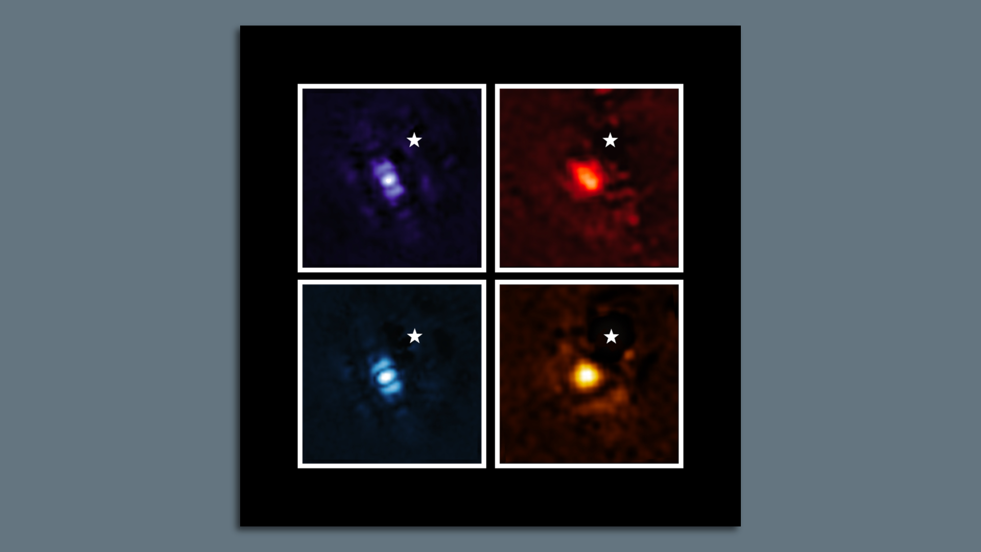 Exoplanet HIP 65426 b in different bands of infrared light. The star indicates the location of the planet's host star. Credit: NASA/ESA/CSA, A Carter (UCSC), the ERS 1386 team, and A. Pagan (STScI)