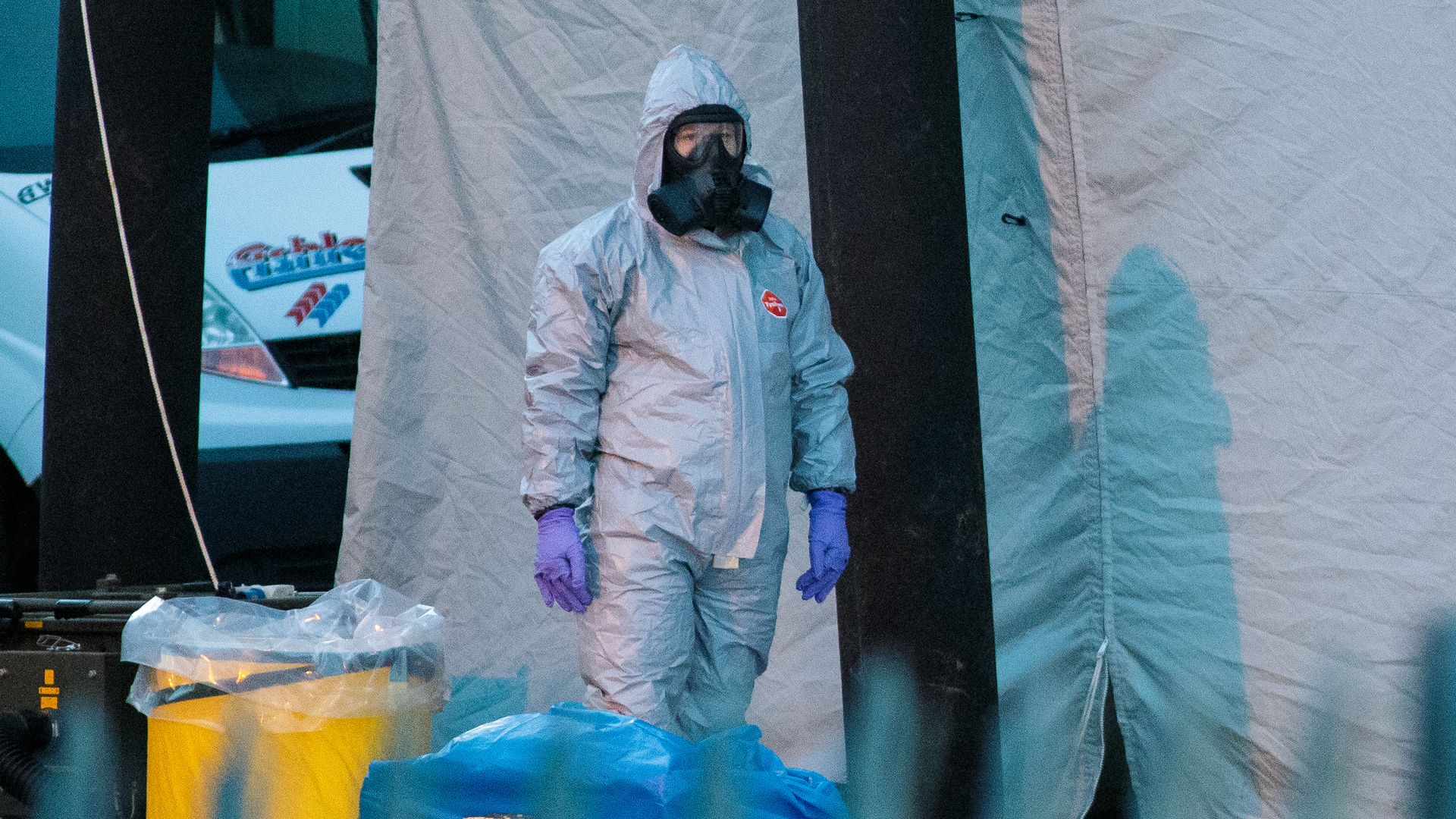 A police officer stands by a forensics tent as investigations continue into the poisoning of Sergei Skripal in March. Photo: Jack Taylor/Getty Images