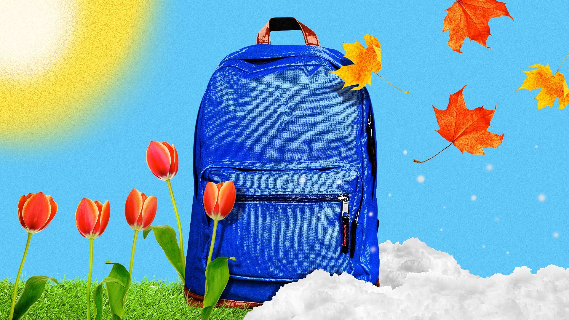 Illustration of a backpack surrounded by elements of all four seasons.