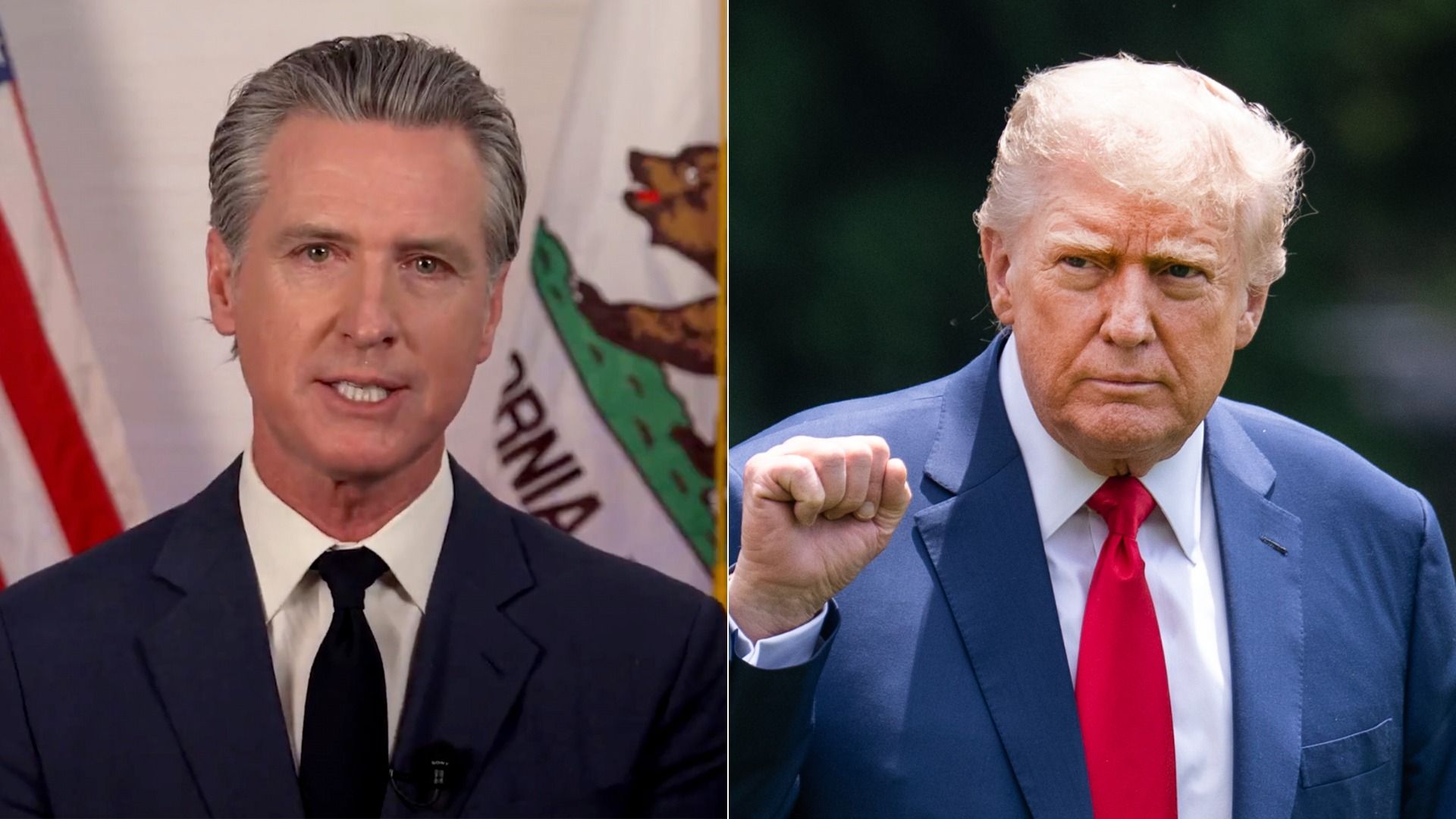 A split-screen image of California Gov. Gavin Newsom and President Trump