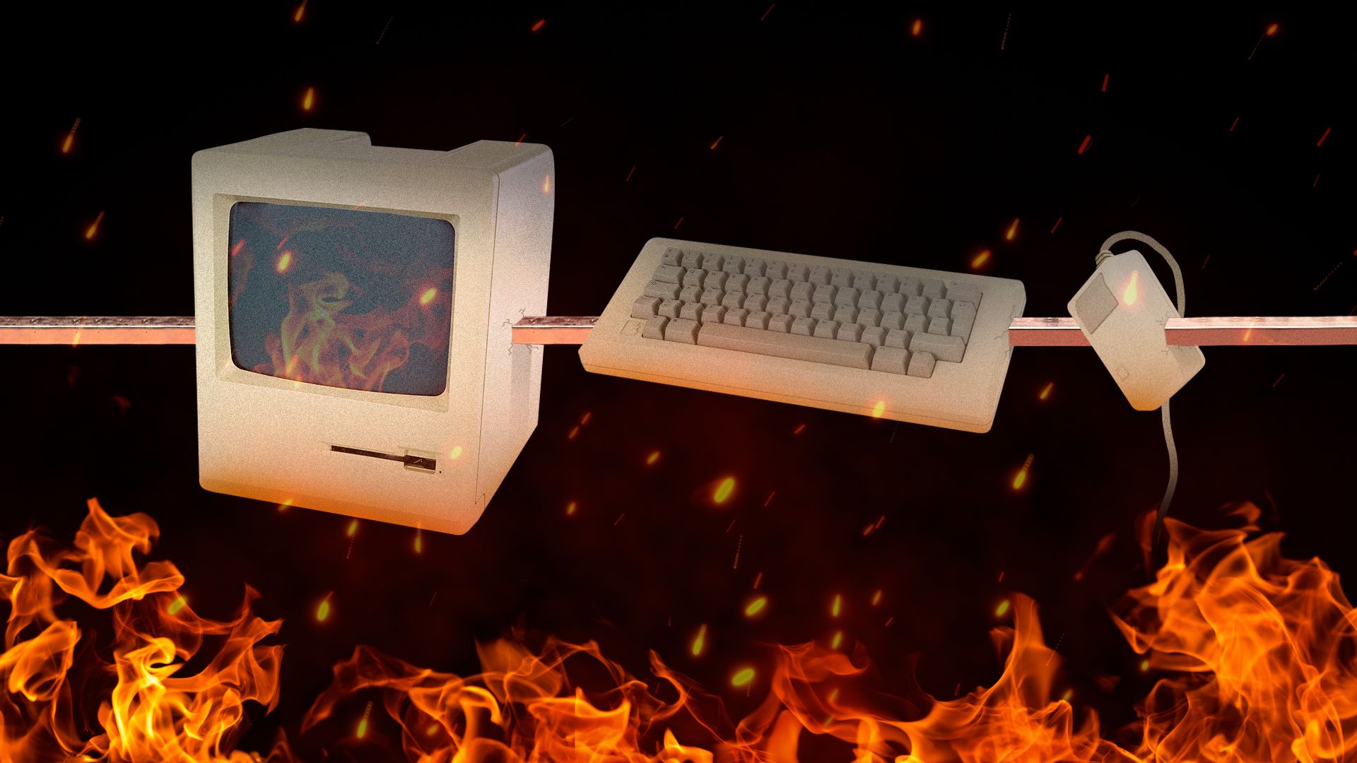 Illustration of a computer on a roasting spit.