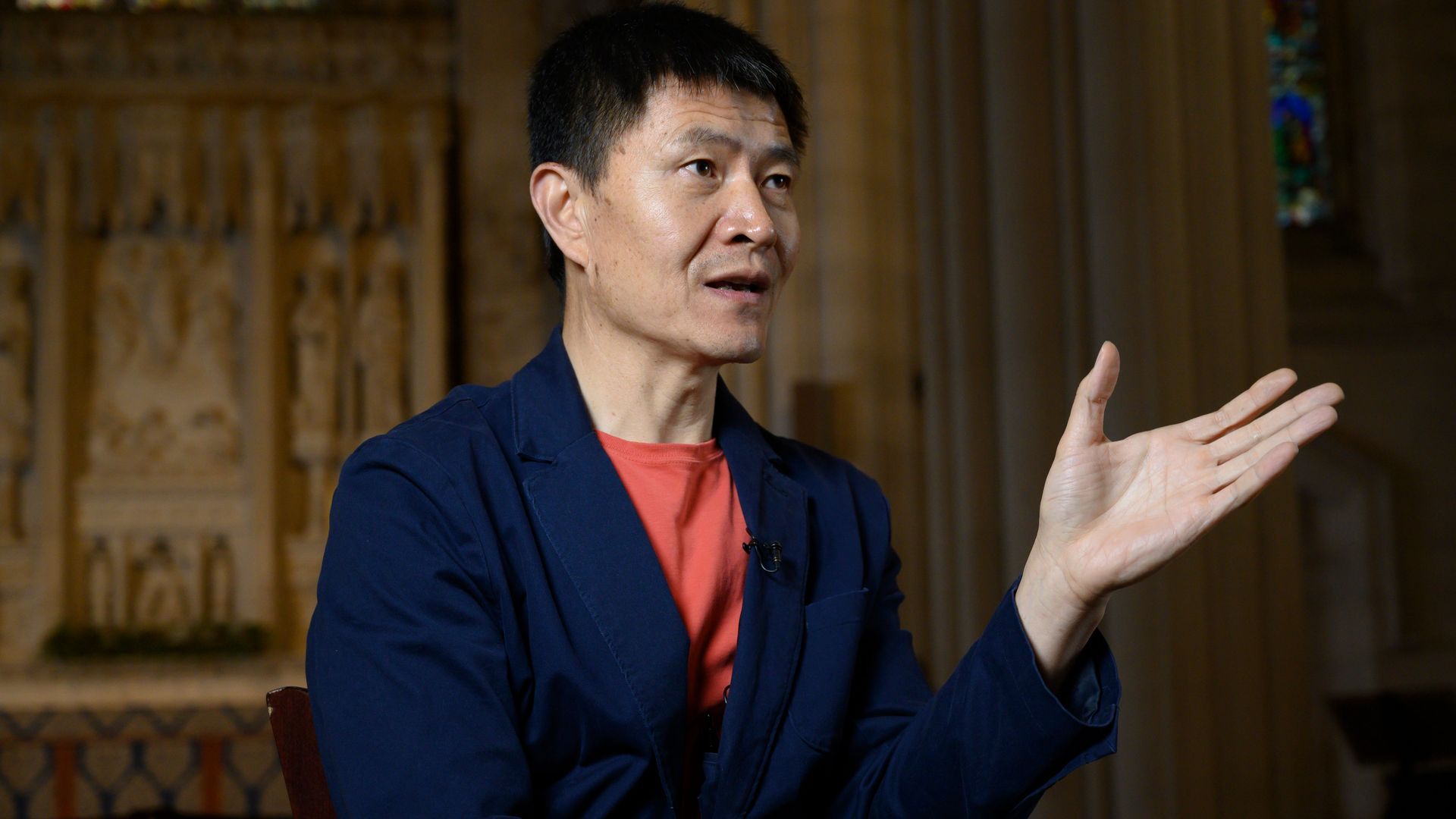 Fengsuo Zhou, President of Humanitarian China, answers questions during an interview May 7, 2019 at the Cathedral of St. John the Divine in New York. 