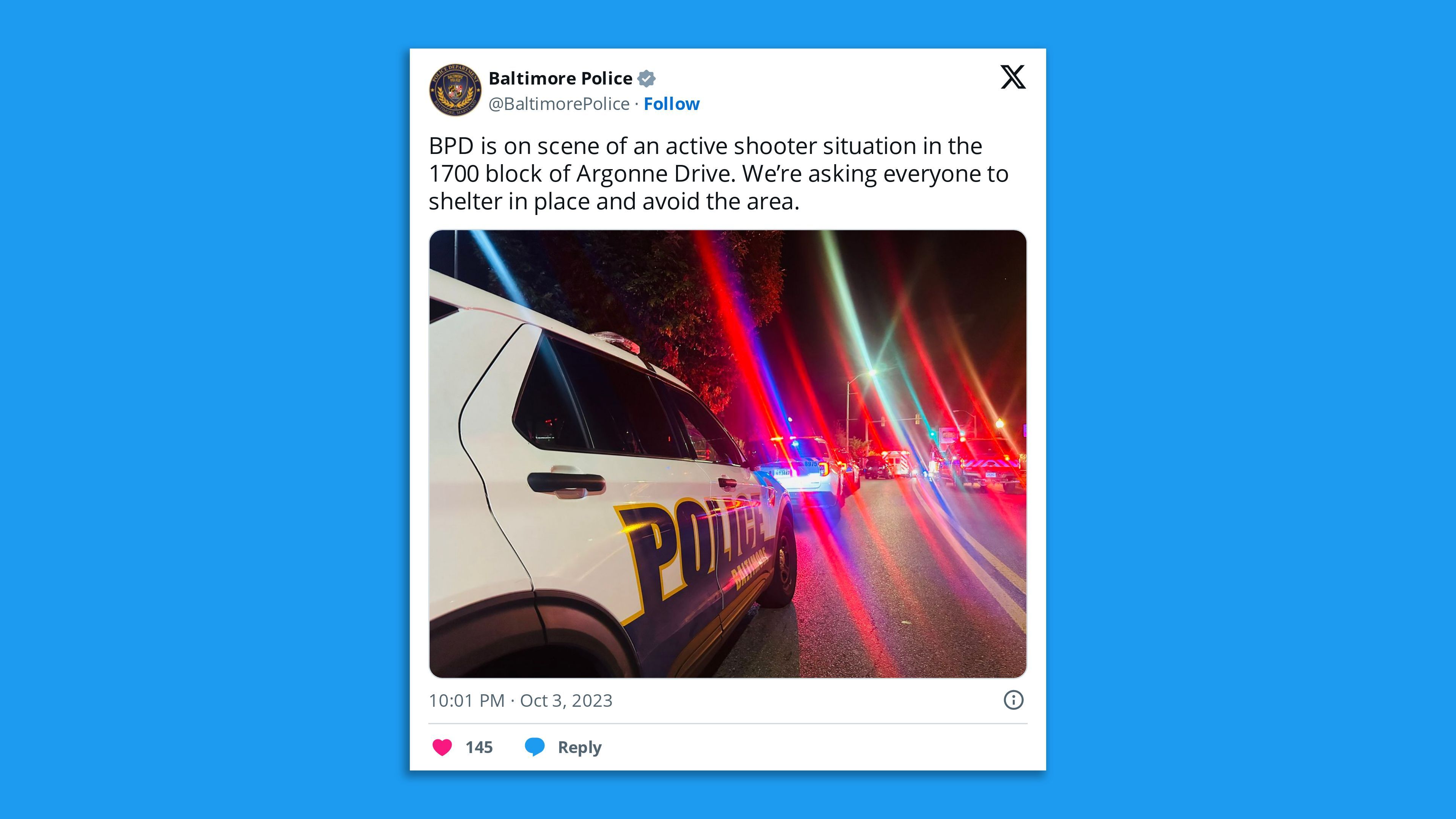 A screenshot of a Baltimore Police Department tweet on Tuesday night, saying: "BPD is on scene of an active shooter situation in the 1700 block of Argonne Drive. We’re asking everyone to shelter in place and avoid the area."