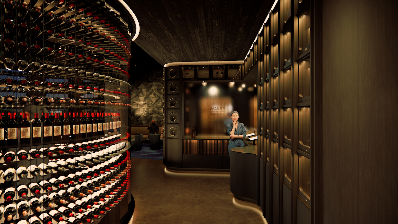 Curved wine cellar with rows of red and white wine bottles on the left, dark wood-paneled walls with lit cubbies on the right, and a woman standing at a curved reception desk.