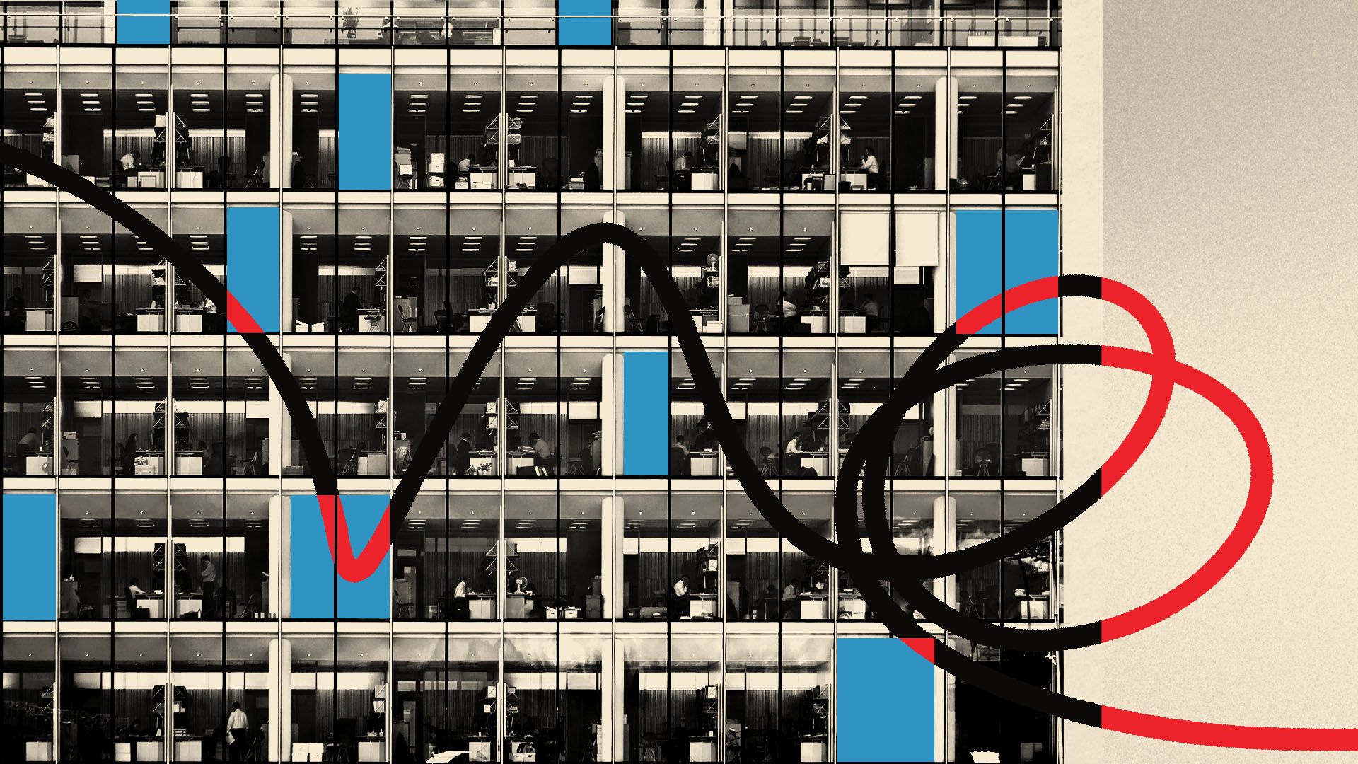Illustration of a grayscale multi-window office building with people working, some windows highlighted in blue, overlaid with thick black and red curving lines creating abstract shapes.