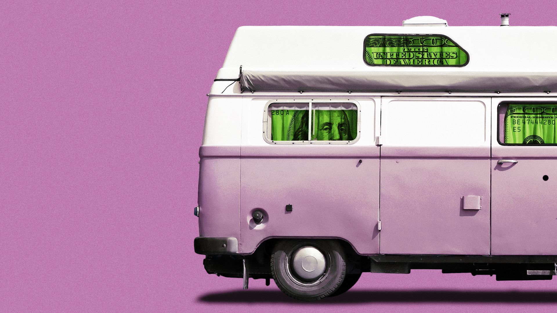 Illustration of an RV with curtains made of $100 bills in the windows