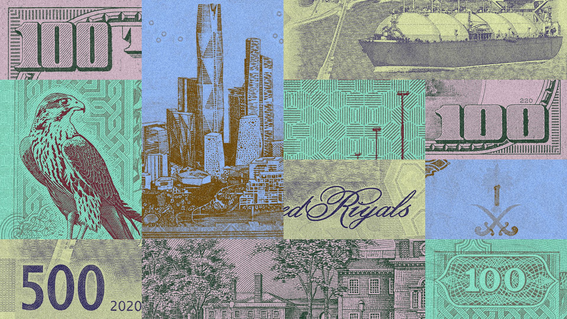 Illustration of a collage of pieces of U.S. dollars, Saudi riyal, Emirati dirham, and Qatari riyal on a grid.