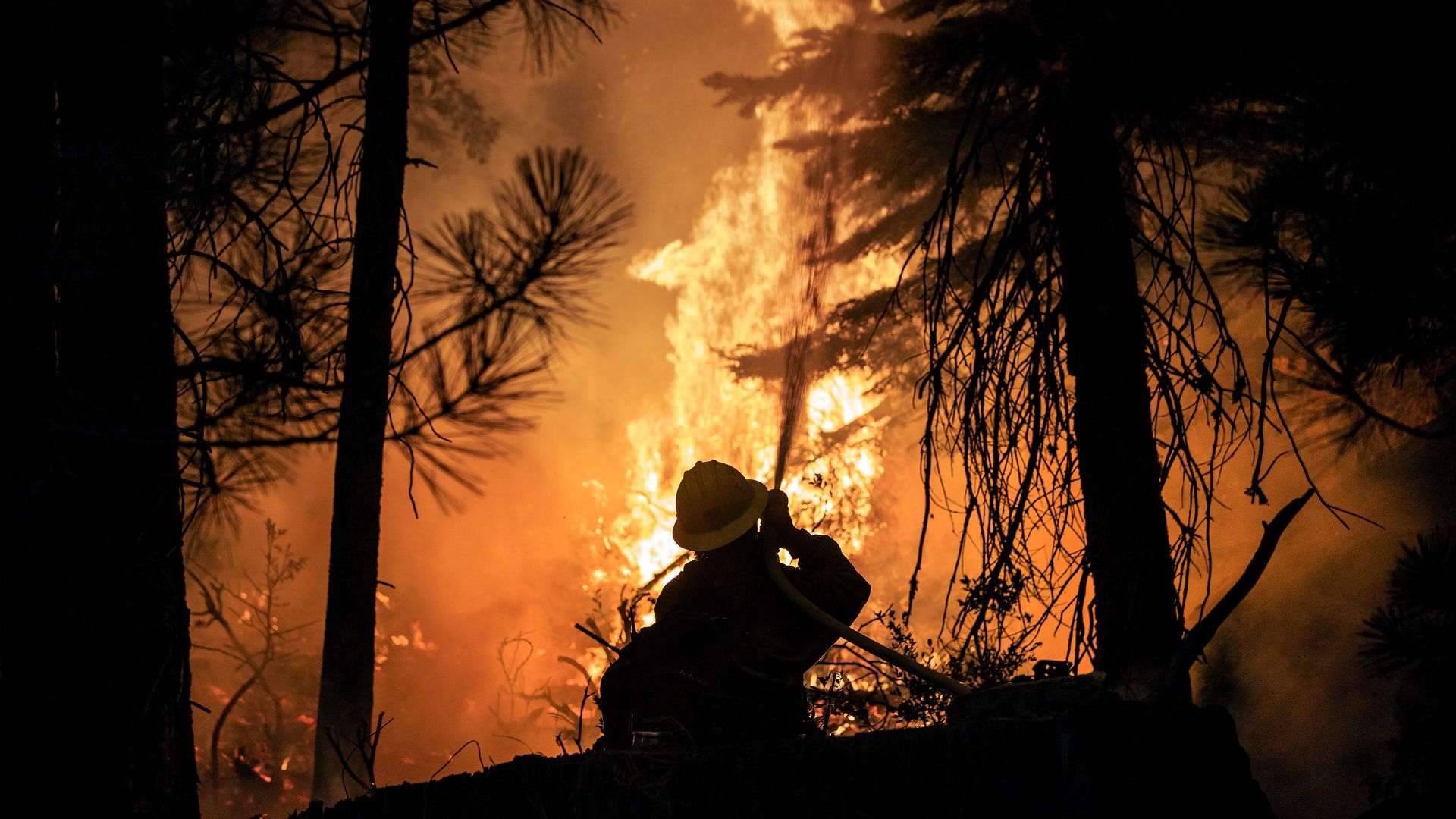 A Forest Service wildland firefighter battling the Caldor Fire near Twin Bridges, California, in August 2021.