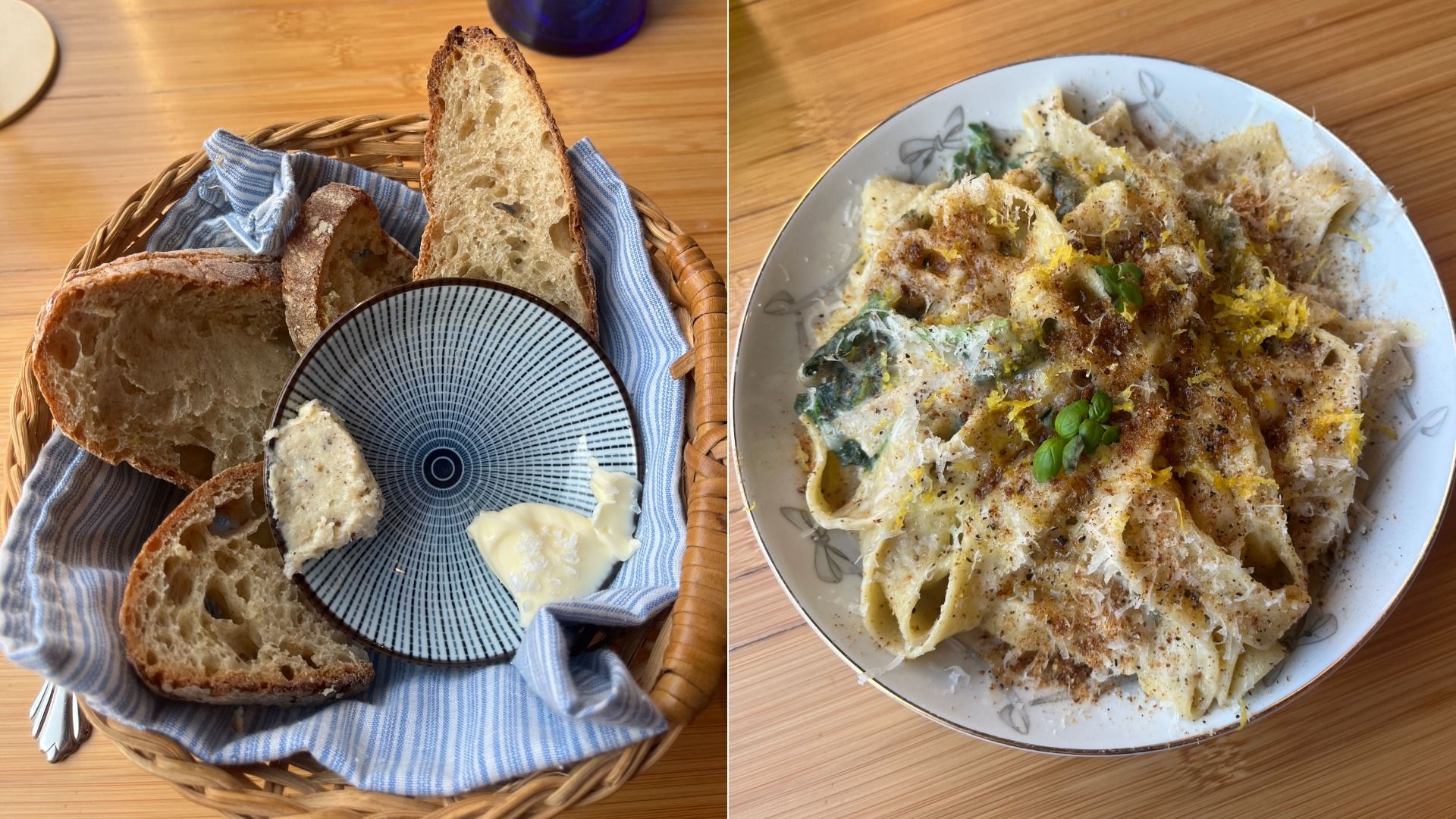Two-panel image: left shows a bread basket with crusty slices on a blue striped cloth and a small plate of butter; right shows a plate of creamy pasta with cheese, herbs, and lemon zest.