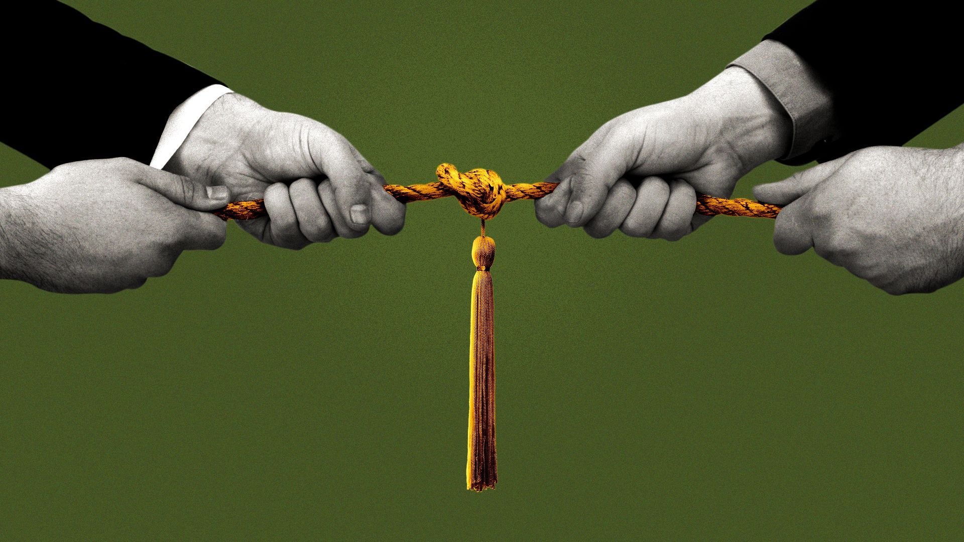 Illustration of two people in suits fighting over a graduation cap tassel in a tug-of-war.