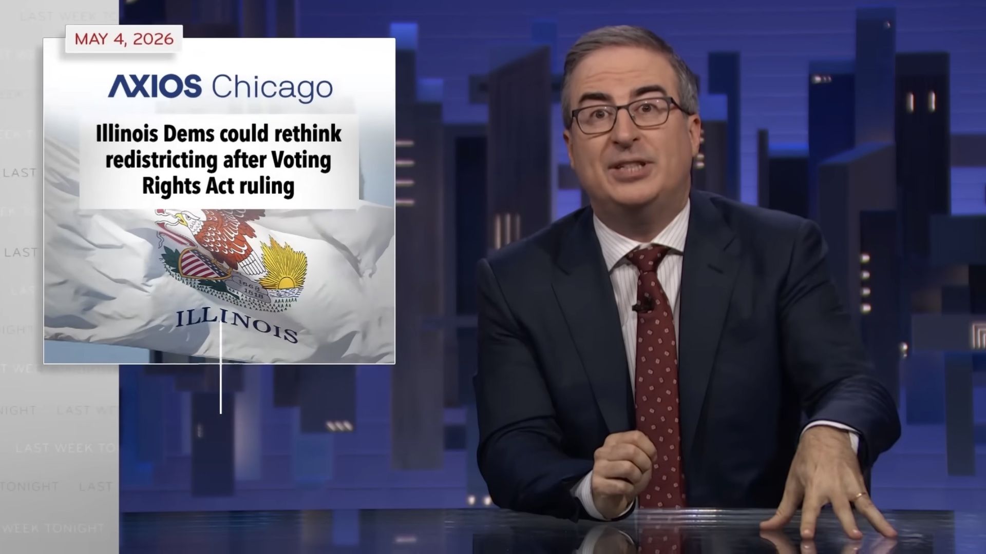 Host in a suit and glasses sits at a desk on a blue studio set; left graphic shows "Axios Chicago" and the headline about Illinois Democrats rethinking redistricting after the Voting Rights Act ruling, May 4, 2026.