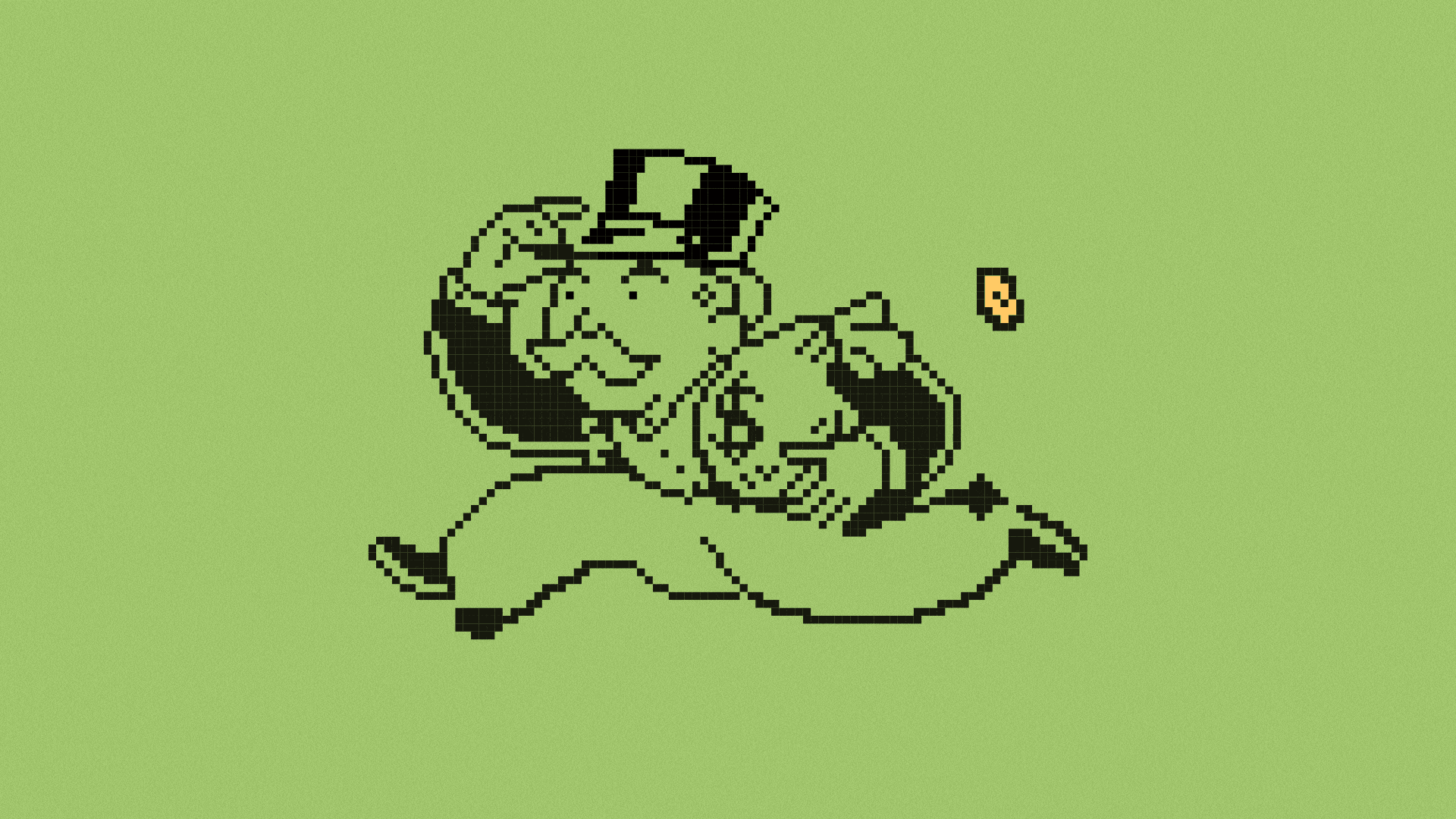 Animated illustration of an 8-bit Rich Uncle Pennybags (from the game Monopoly) running, coins are flying from his money bag