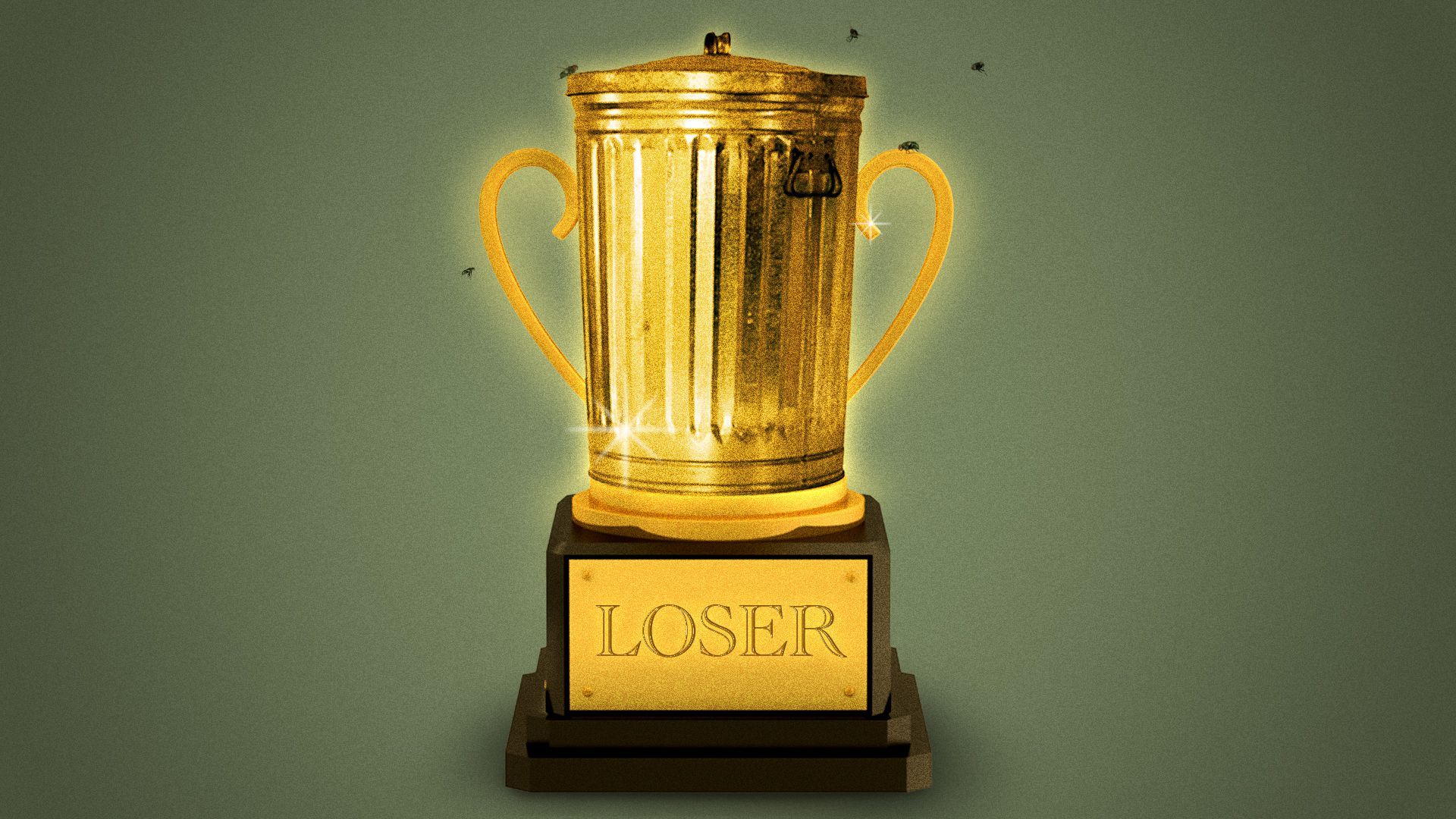 Illustration of flies swarming around a trophy made of a trashcan with a plaque that says "Loser".