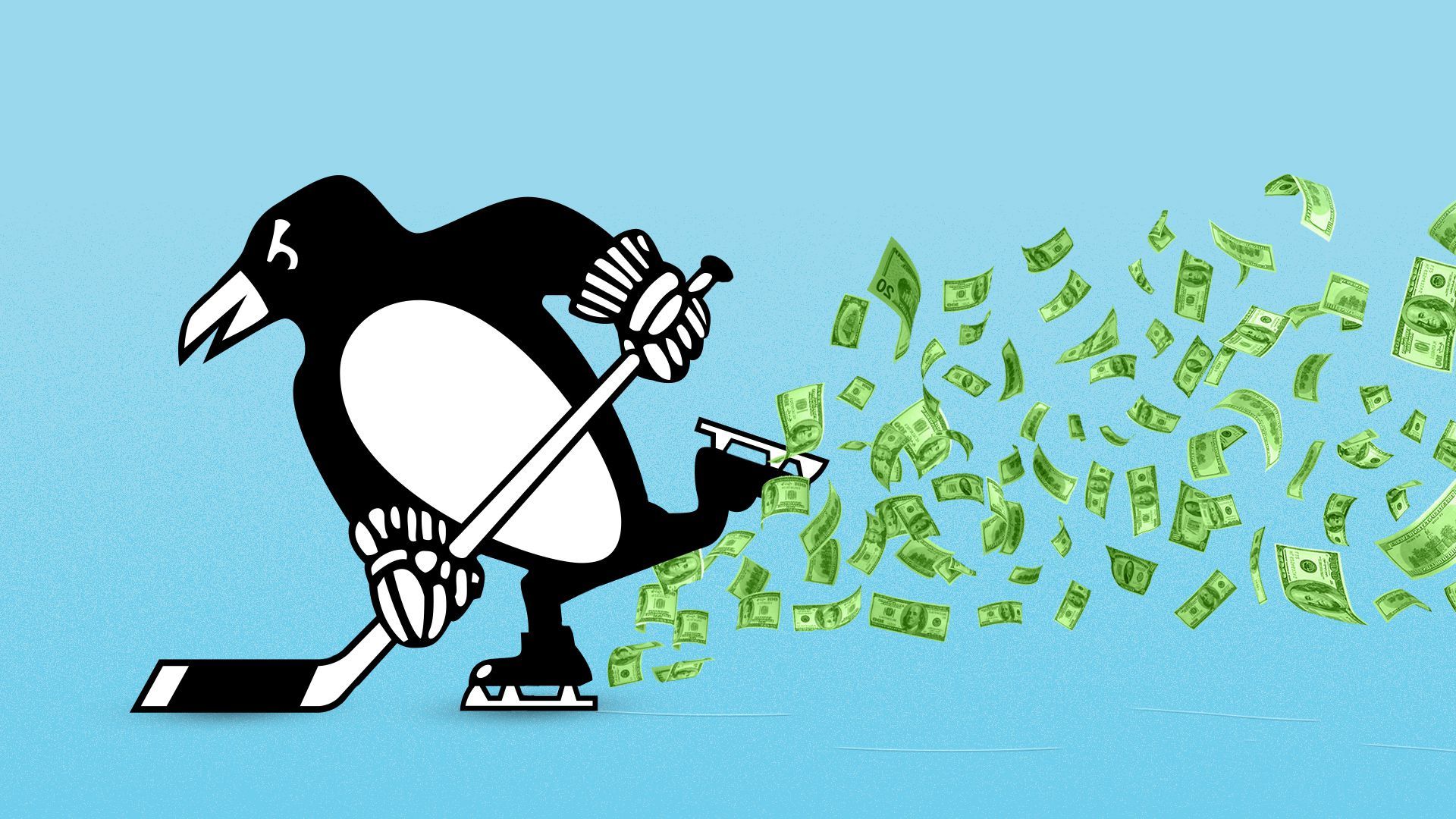 Illustration of the Pittsburgh Penguin's logo skating away with cash trailing behind it. 