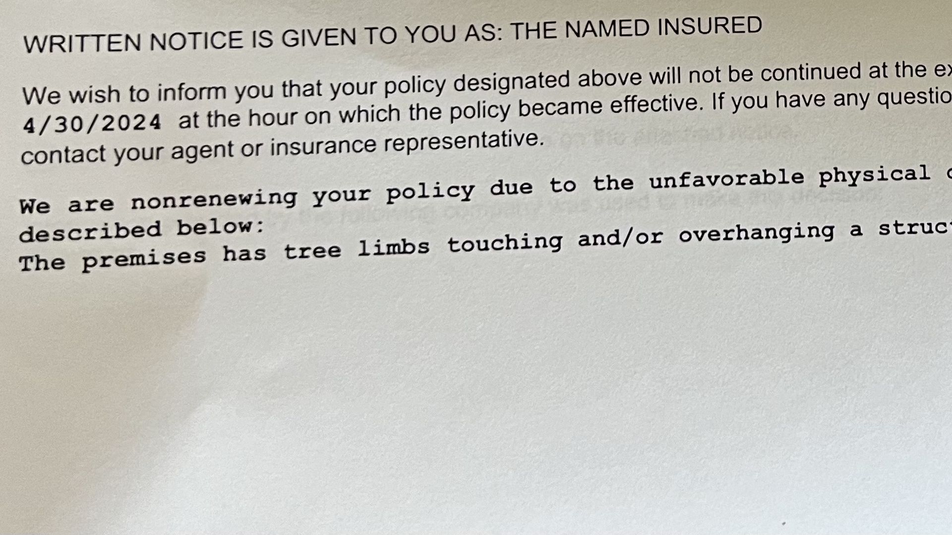 Text and a letter from Travelers Insurance saying that they will not renew policy