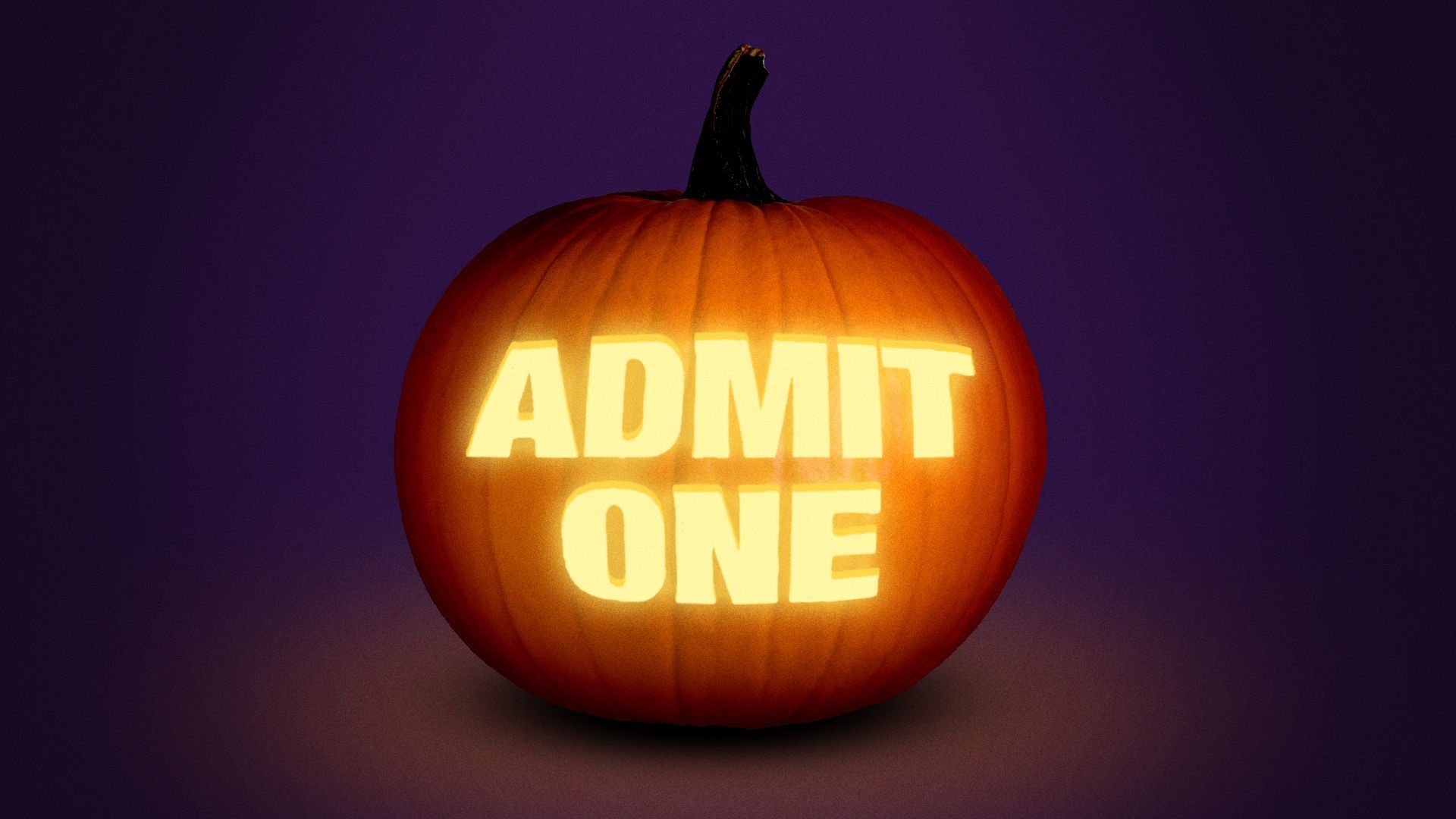 Illustration of a carved pumpkin that says, "admit one."