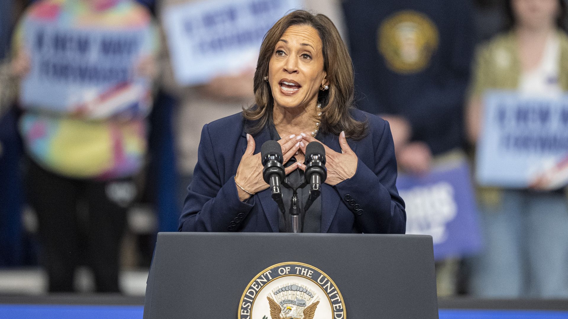 Kamala Harris speaks at a lectern