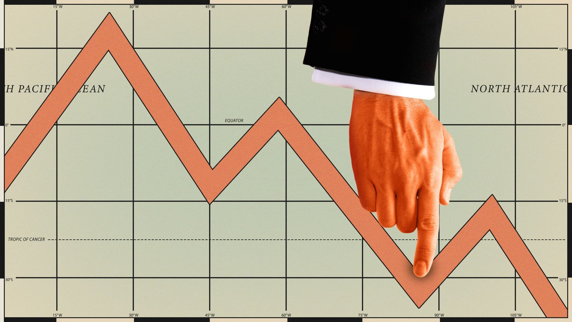 Illustration of a grid that looks like a world map and a hand pressing down on a trend line.