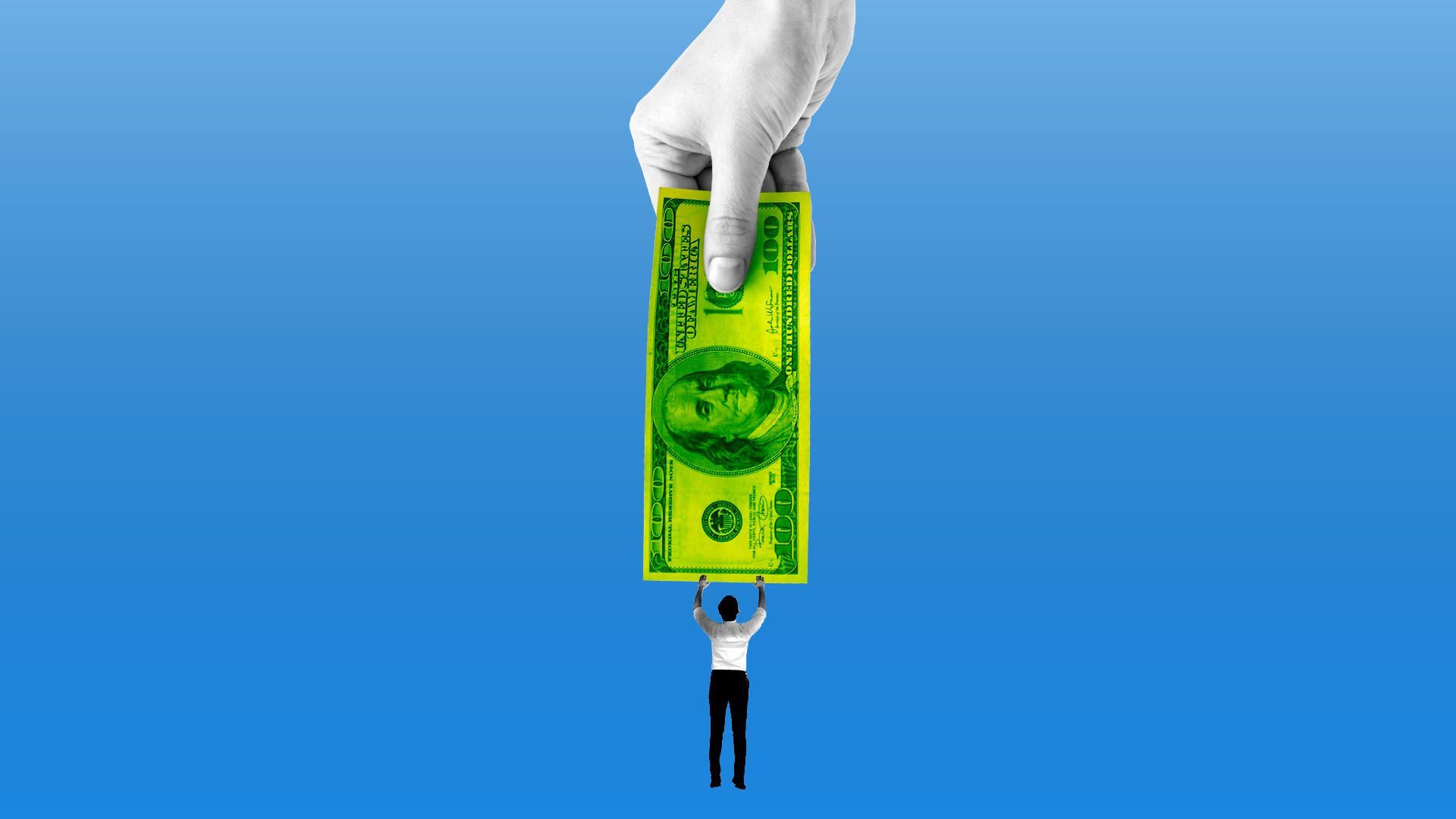 Illustration of a man dangling from money