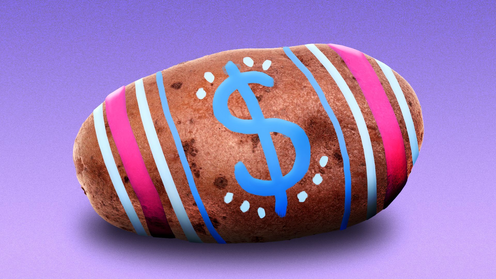  Illustration of a potato painted like an Easter egg with a dollar sign in the center of the design 