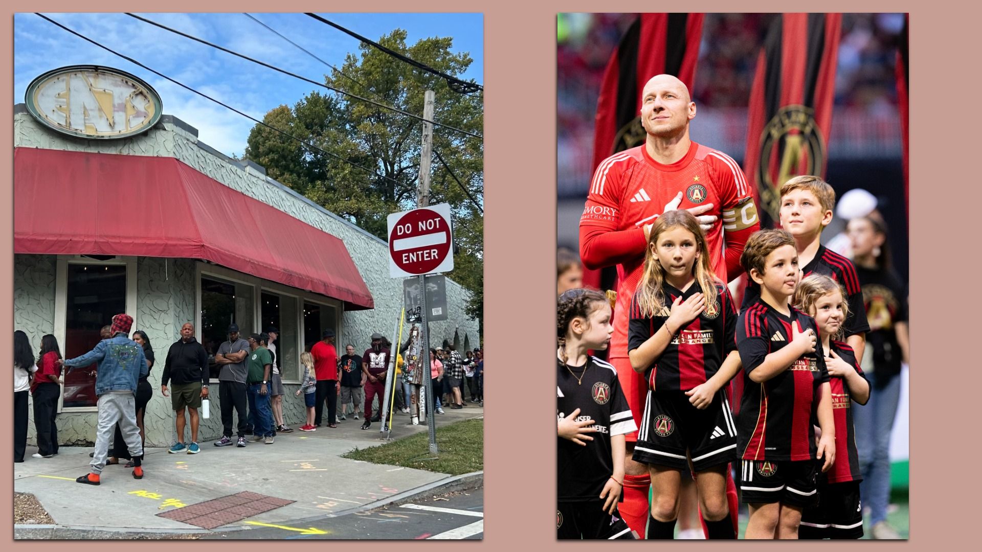 Side by side photos. On the left, a photo of a long line outside a green stucco building with a large "Eats" sign. On the right, a soccer goalkeeper in a red jersey stands with their hand over their heart behind young children wearing red and black soccer uniforms.