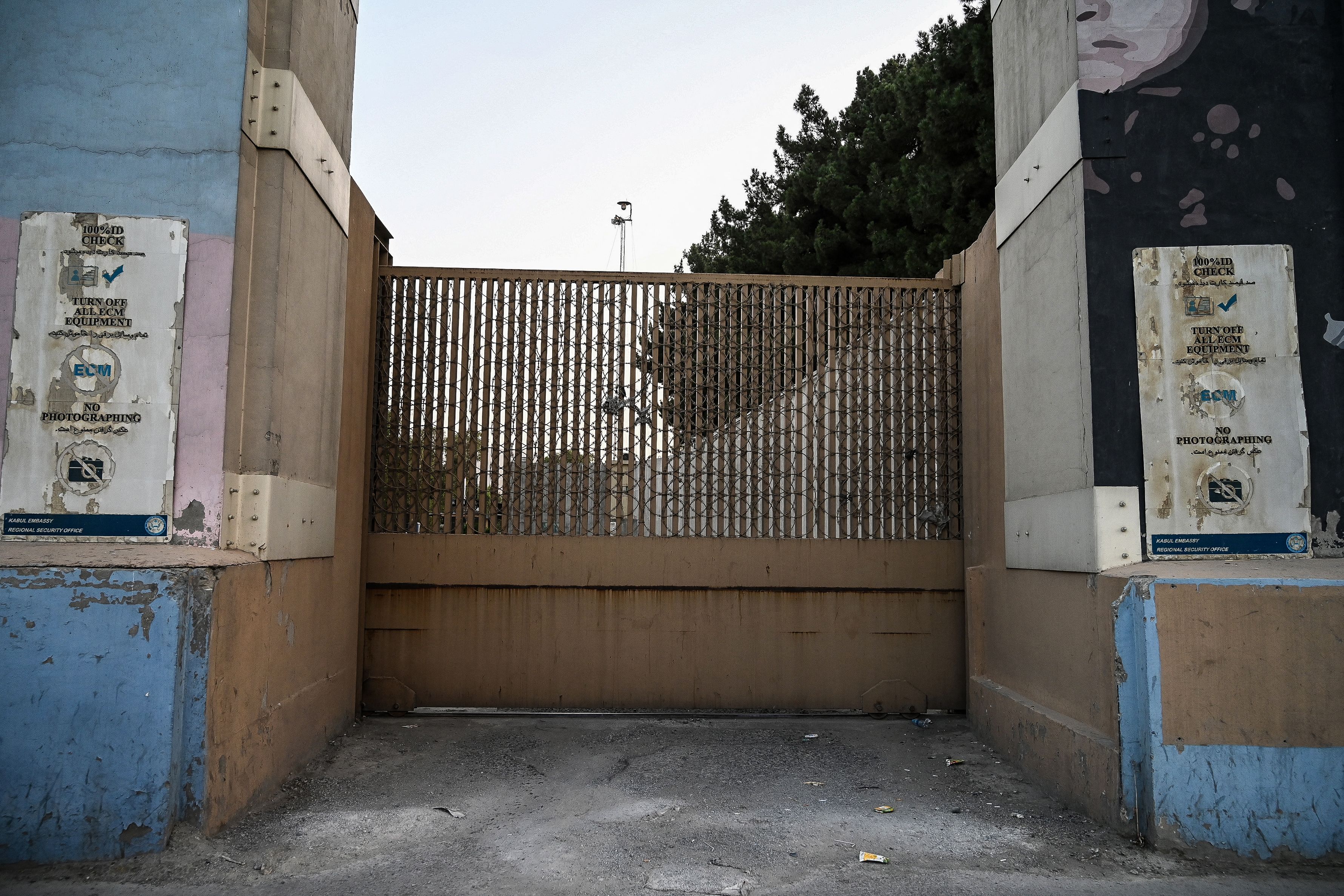 The closed entrance to to the U.S. embassy in Kabul on Aug. 15, 2021.