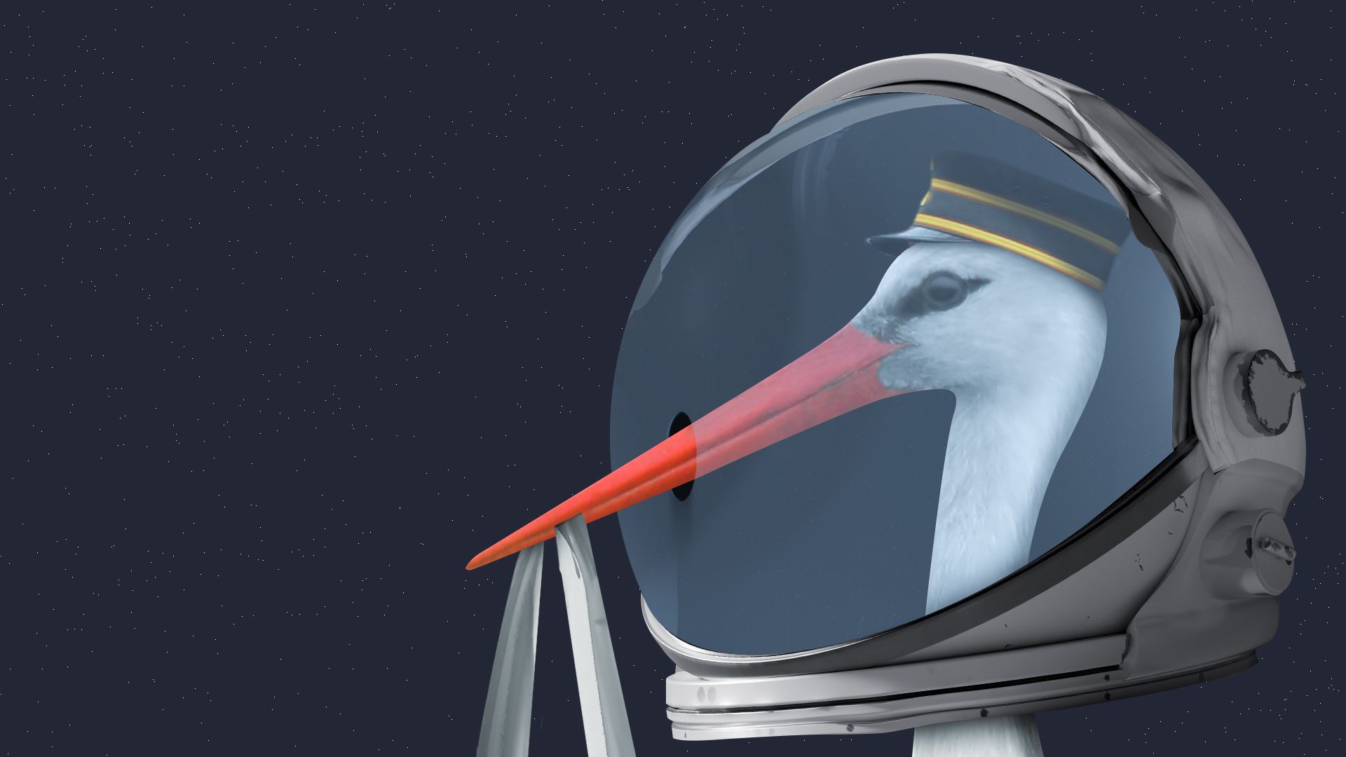 Illustration of a stork carrying a baby bundle and wearing an astronaut helmet. The helmet has a small hole in the visor for the stork's beak to fit through.