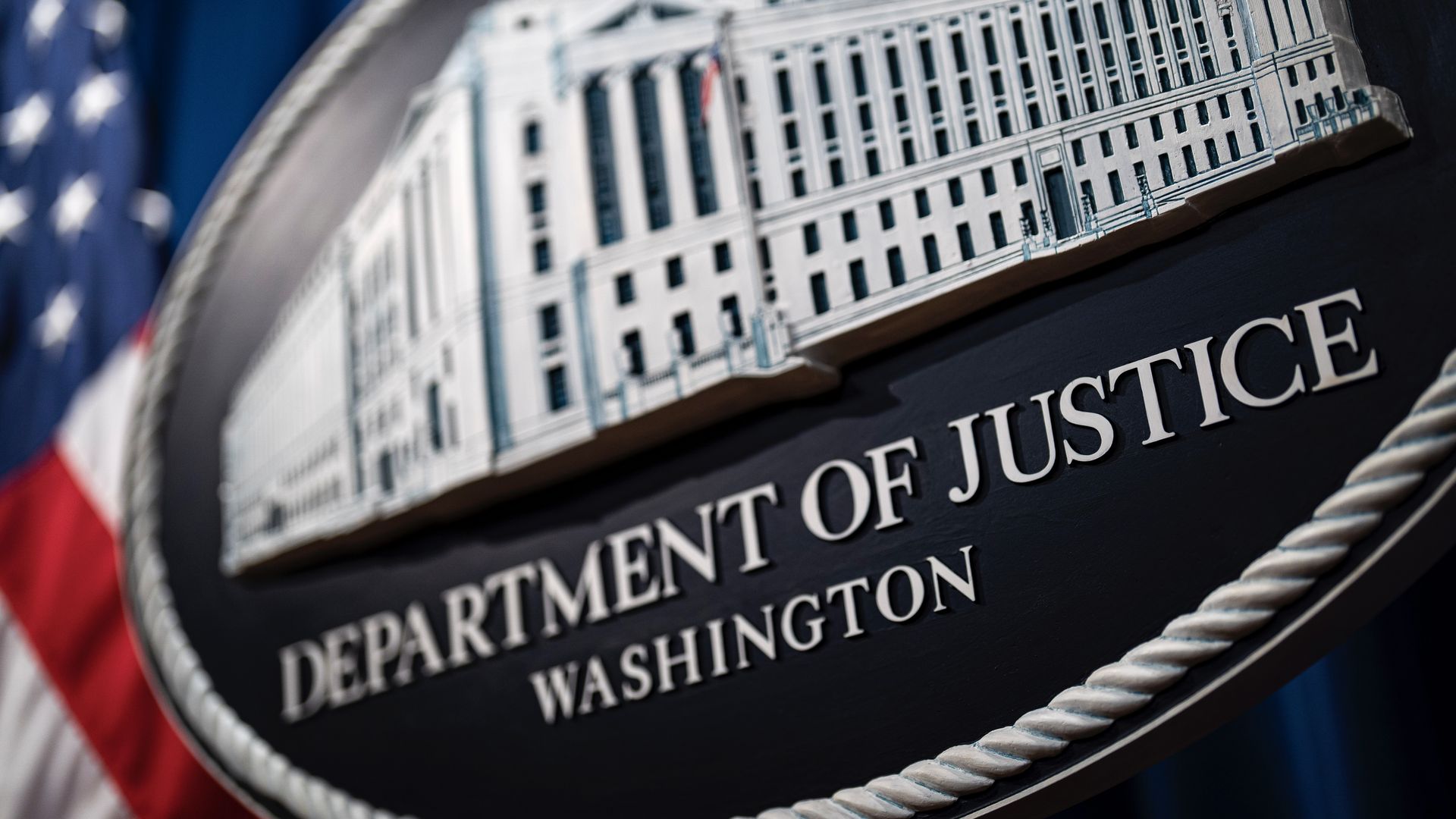 Photo of the Department of Justice seal up close