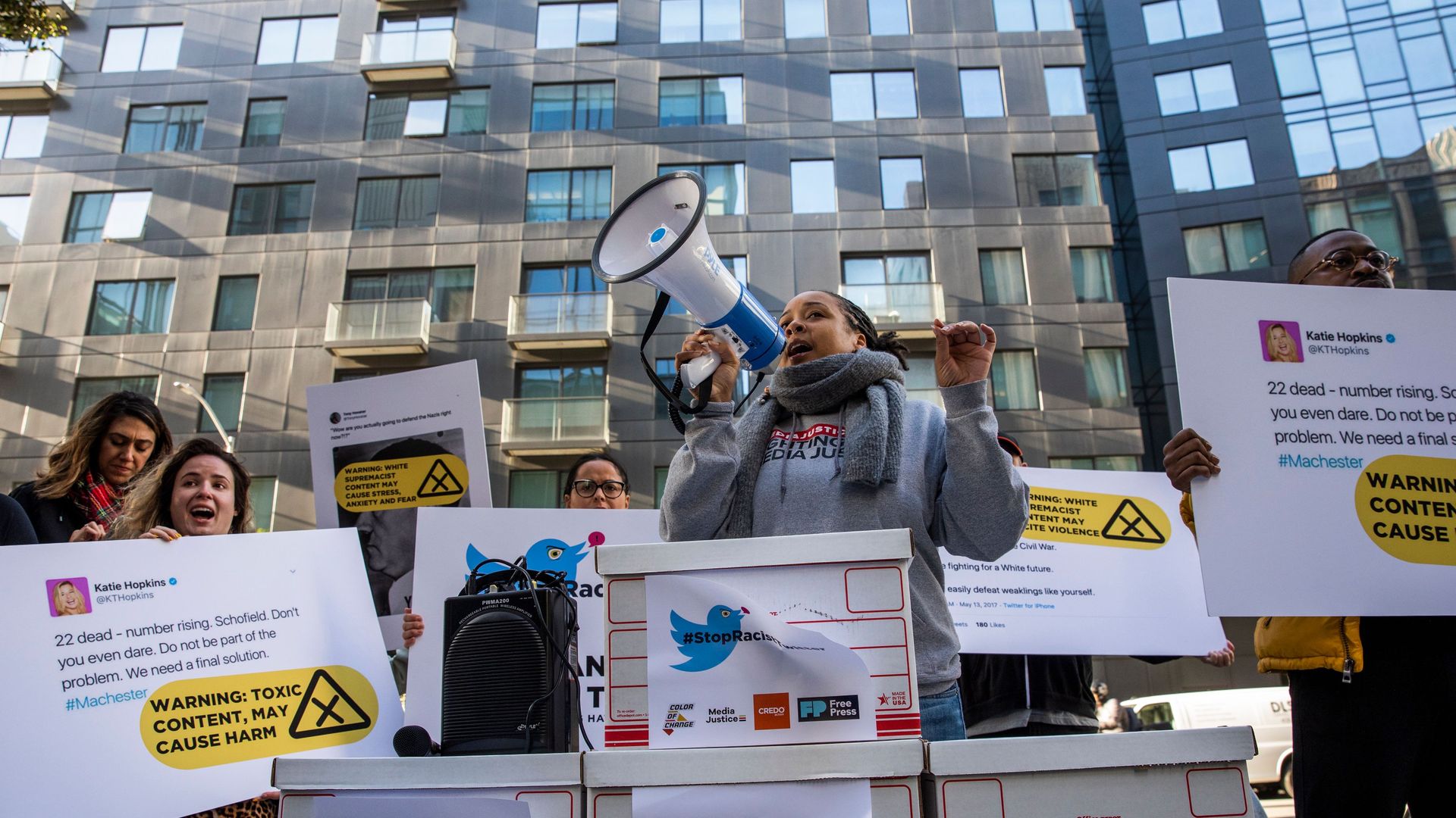 Activist group, Change the Terms Reducing Hate Online, outside Twitter Headquarters in San Francisco.