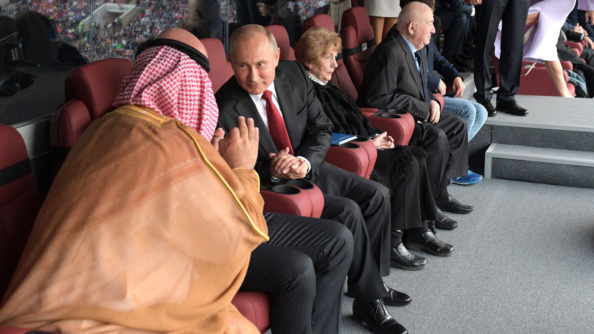 Saudi Arabia's Crown Prince Mohammed Bin Salman Al Saud and Russia's President Vladimir Putin talk before the 2018 FIFA World Cup