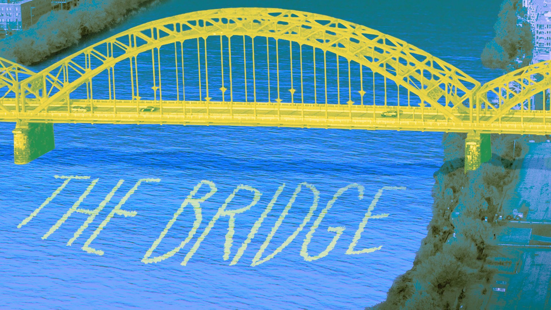 Illustration of the Sixteenth Street Bridge with the words "The Bridge reflected in the water