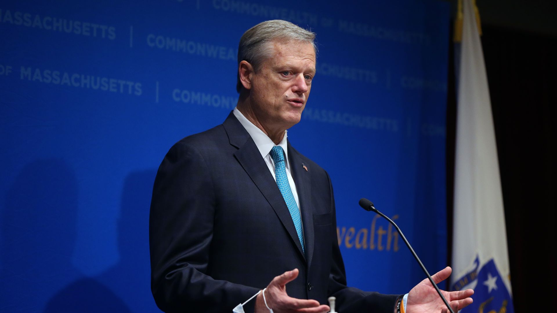 Massachusetts Gov. Charlie Baker speaking during a press conference in November 2021.
