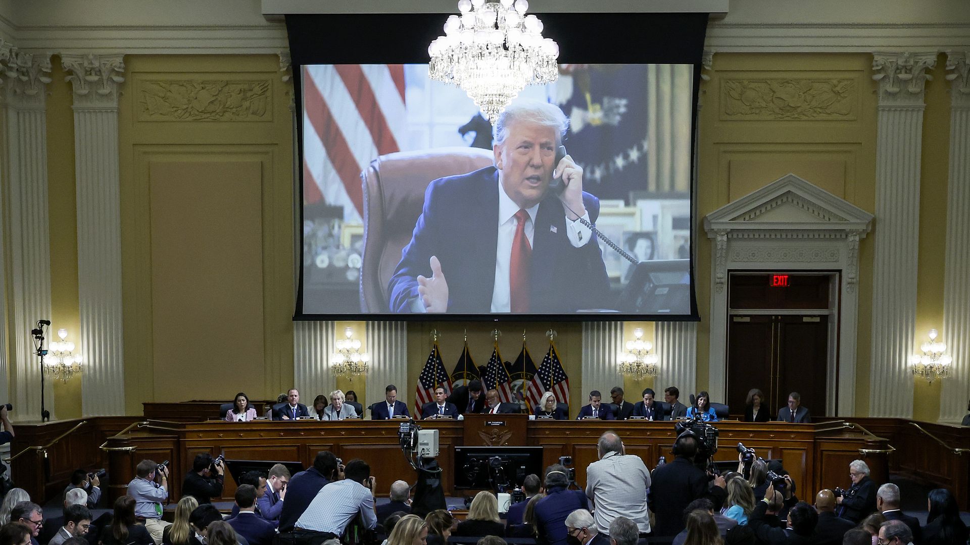 President Donald Trump displayed on a screen during a hearing of the Select Committee to Investigate the January 6th Attack.