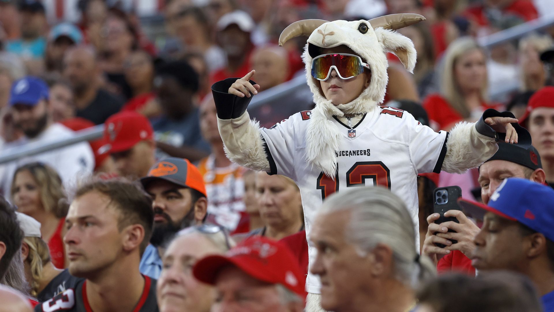A Tampa Bay Buccaneers fan looks on during a preseason game against the Miami Dolphins at Raymond James Stadium