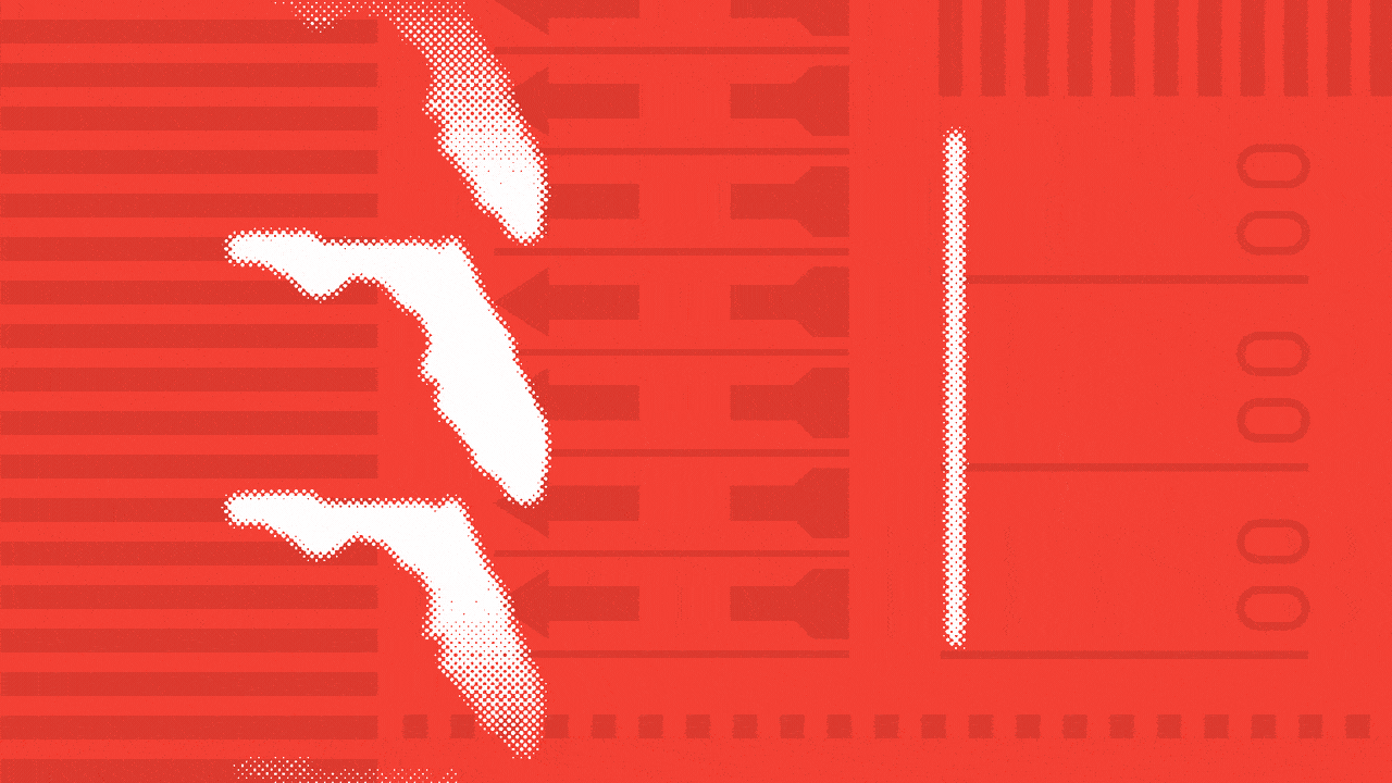 Animated photo illustration of a checkmark rotating to reveal a speaking Donald Trump, with a line of Florida state outlines moving downward.