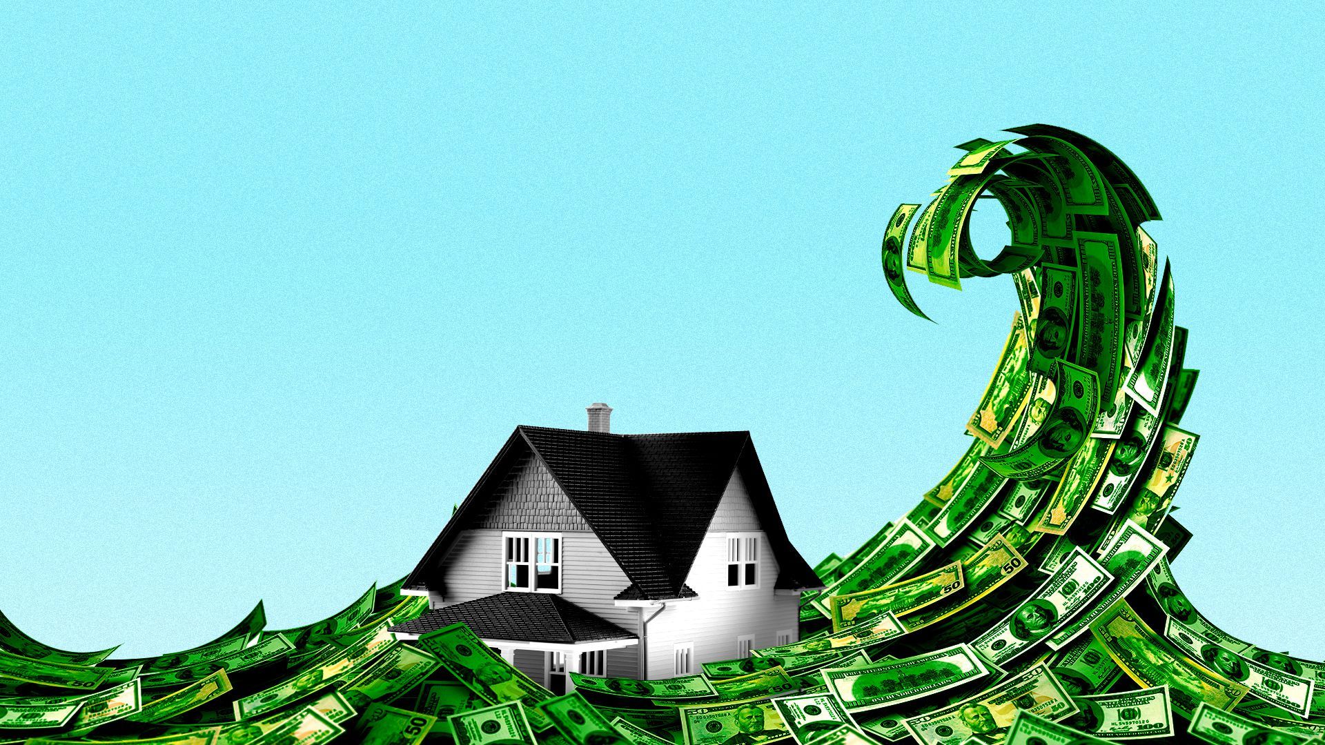 Illustration of a wave of money overtaking a house.