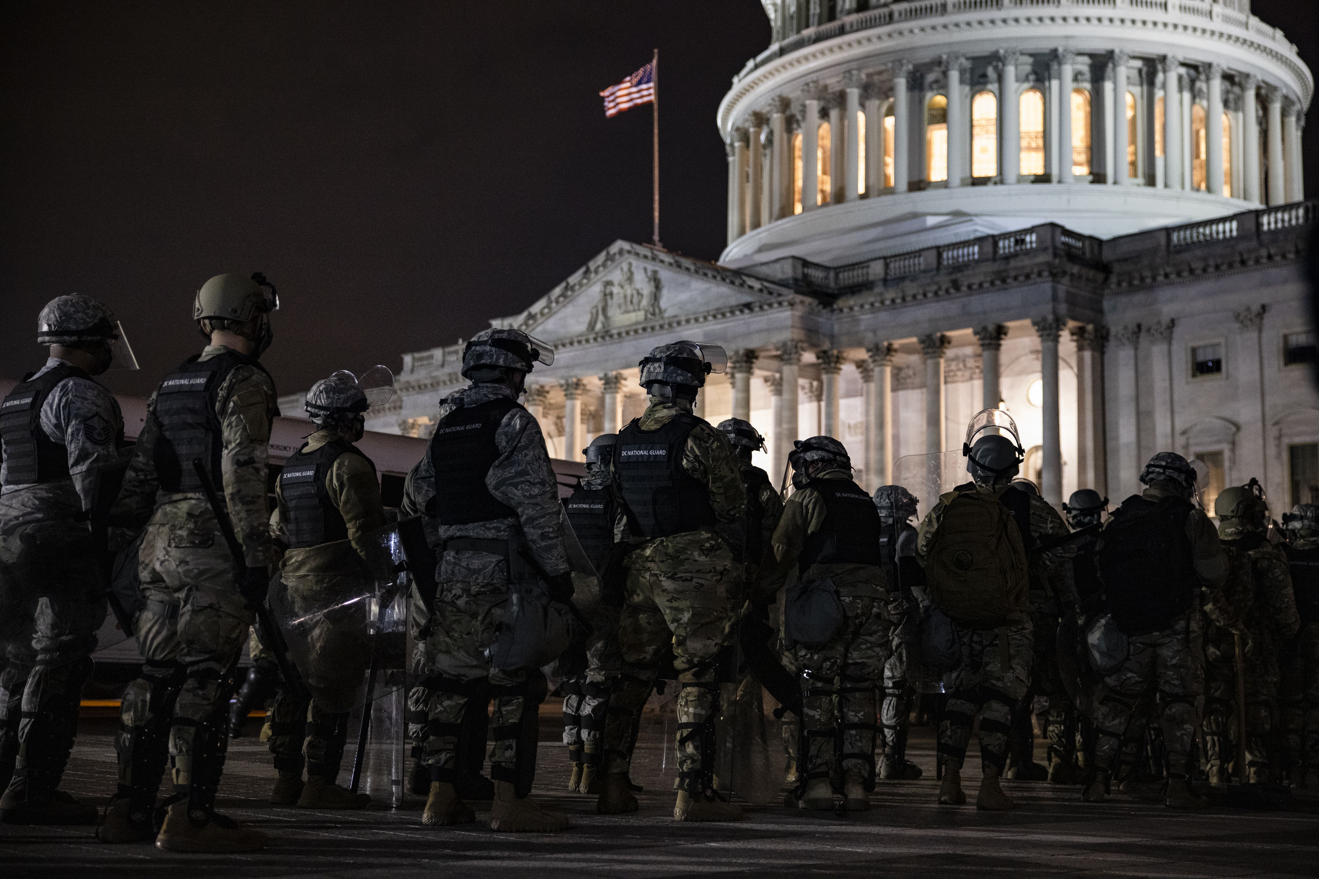 Members of the National Guard and the Washington D.C. police stand guard to keep demonstrators away from the U.S. Capitol on January 06, 2021 in Washington, DC. 