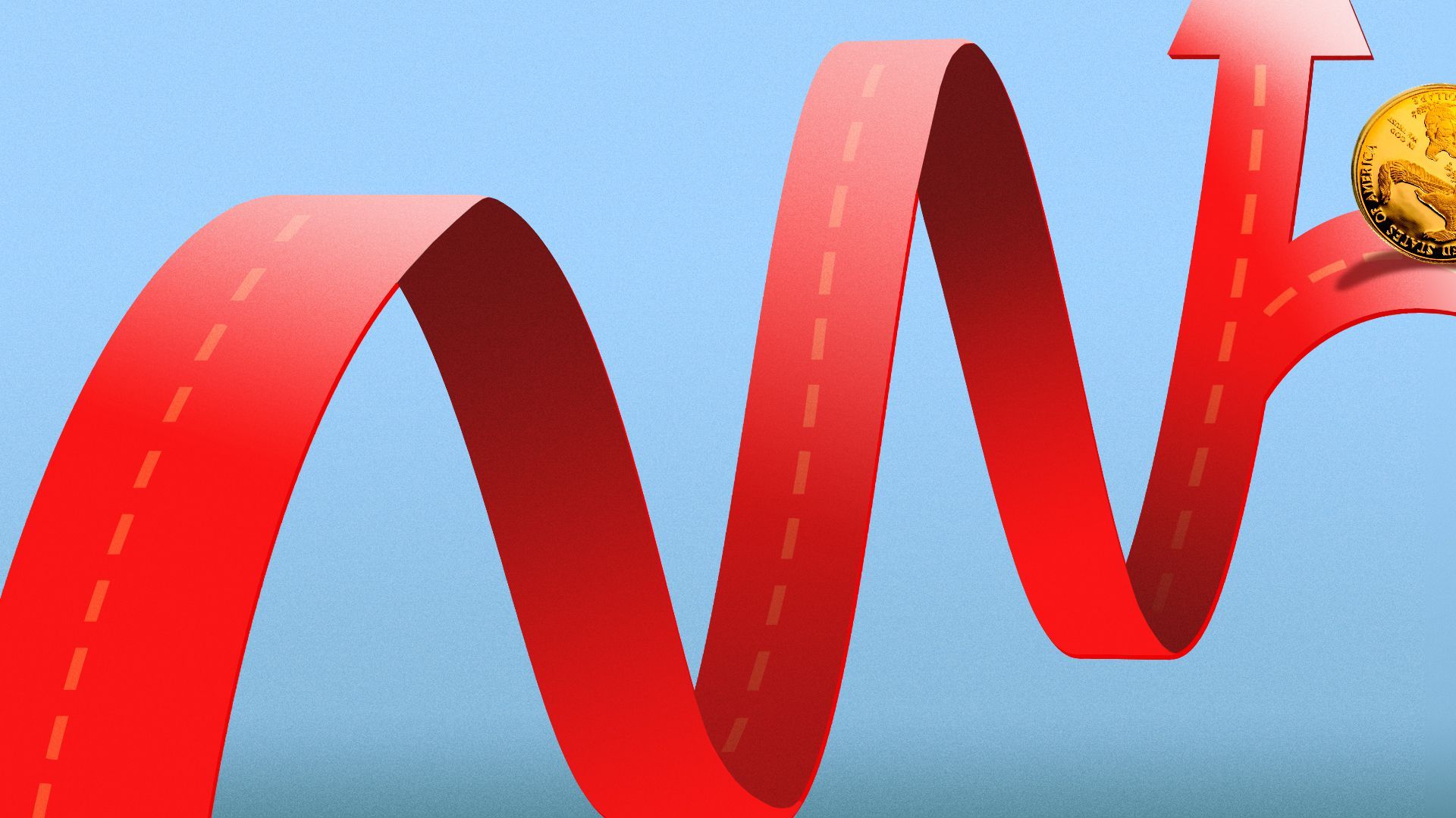 Illustration of a coin exiting a roadway made from a stock trend line