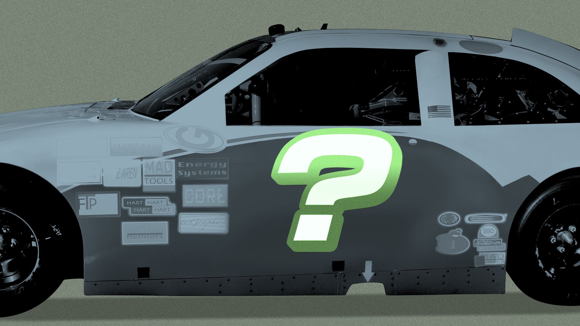 Illustration of a race car with a question mark on the side, instead of a number.