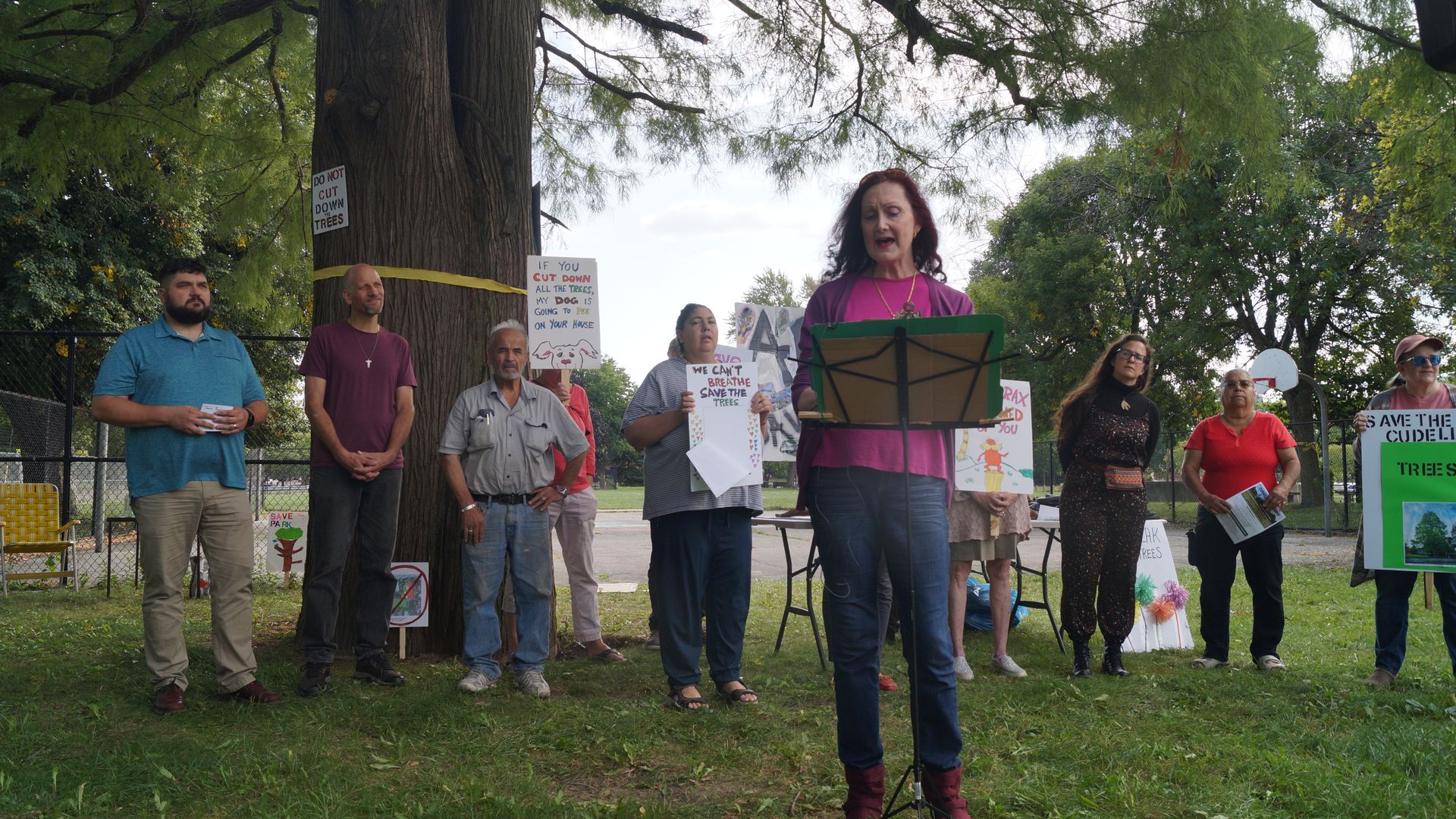 A group of people holding signs stand on grass beneath a large Cypress tree. 