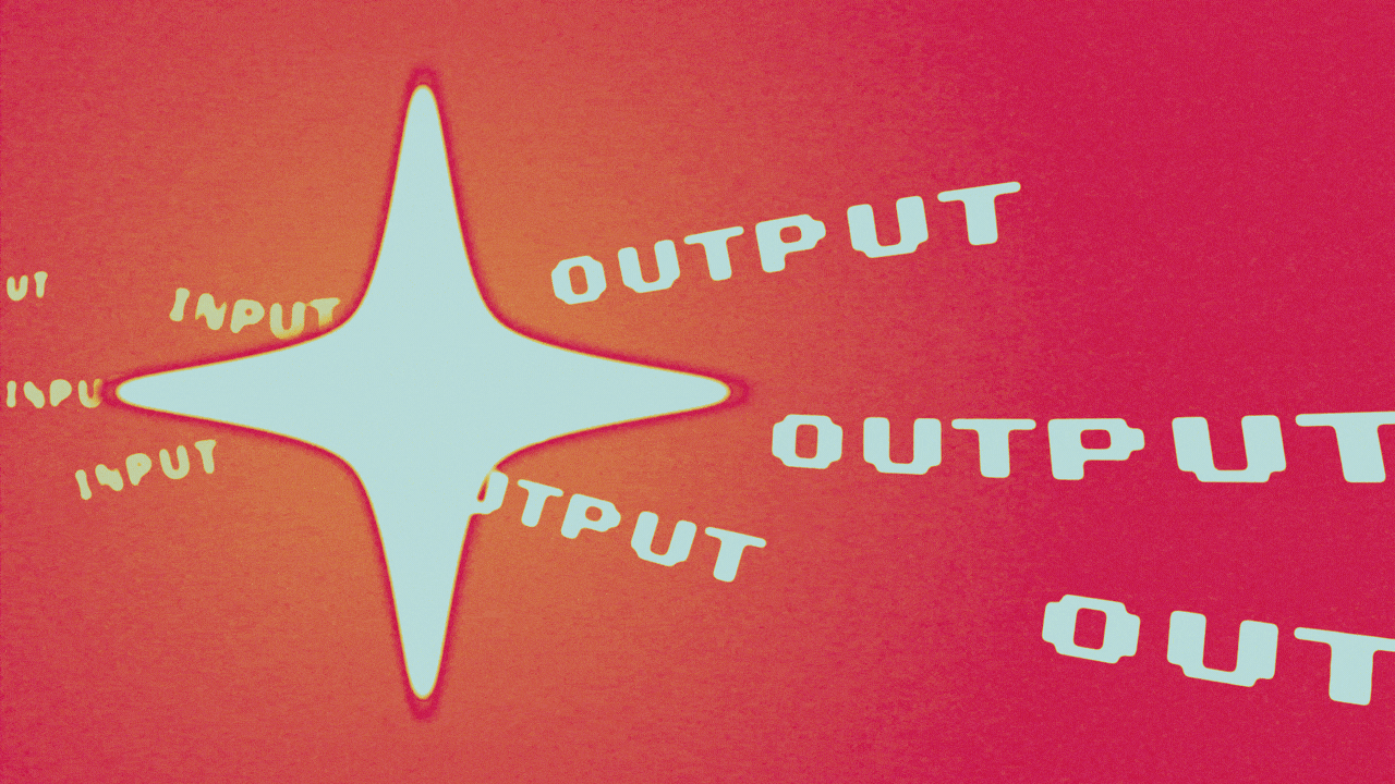 Animated illustration of three lines of the repeated word "input" passing through a sparkle shape, and exiting the other side as the word "output."
