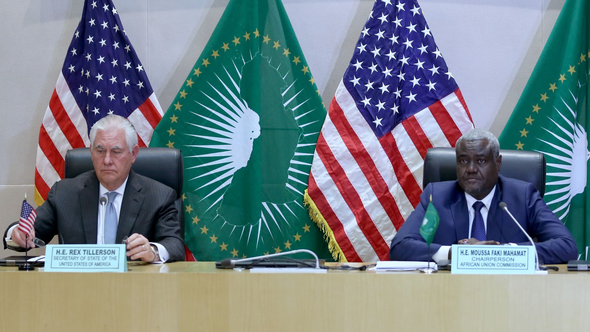 Rex Tillerson sitting at table in Ethiopia