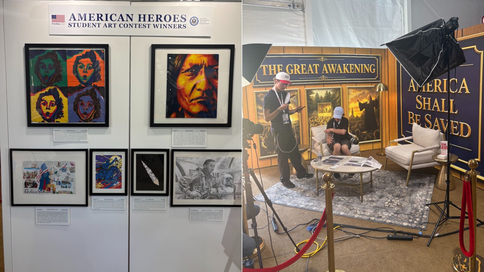 Left: gallery wall titled "AMERICAN HEROES" with colorful framed portraits. Right: film set with backdrop reading "THE GREAT AWAKENING" and "AMERICA SHALL BE SAVED" as two people film under lights.